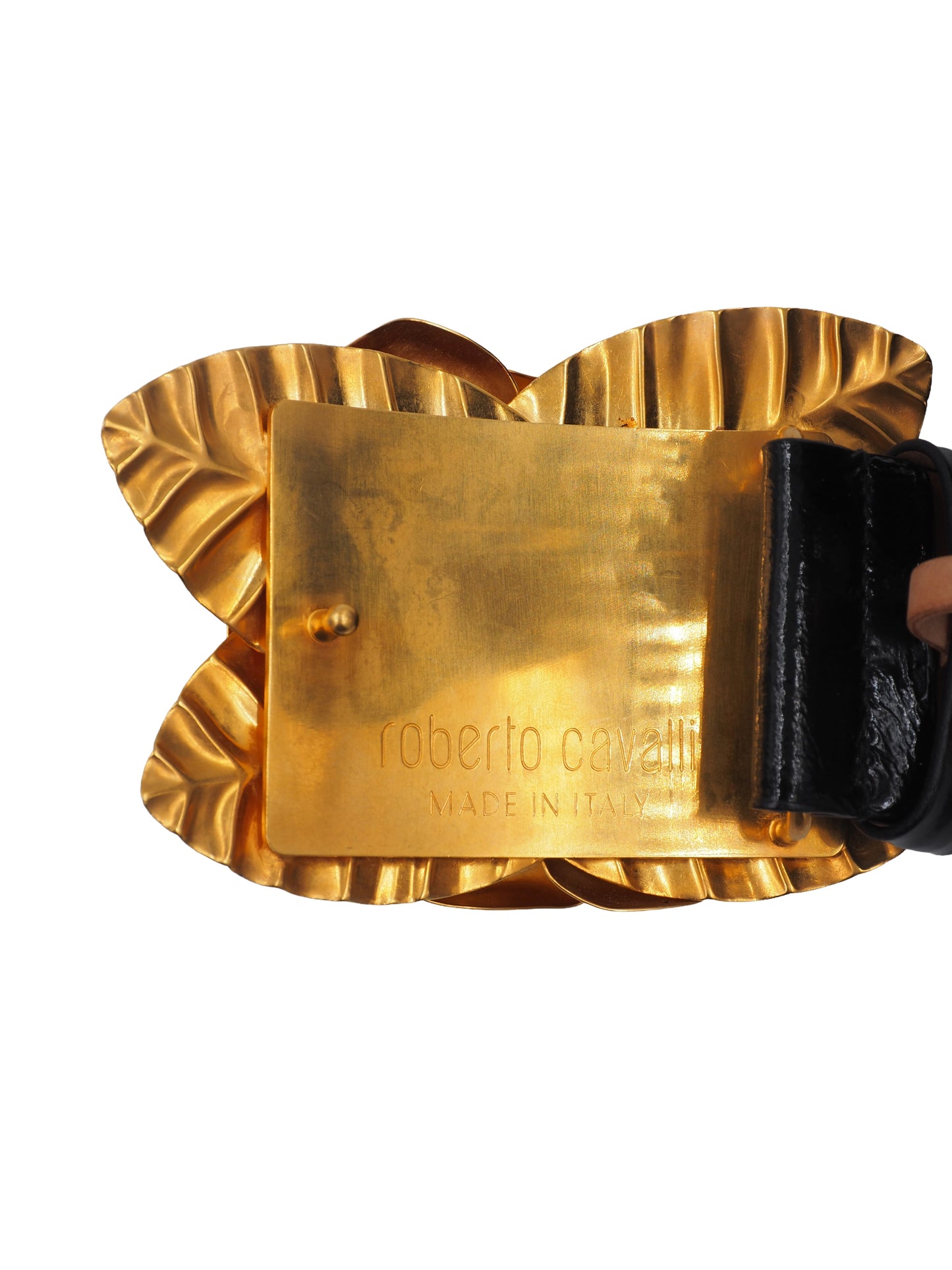 Roberto Cavalli Black Patent Leather Belt With Large Gold Flower Buckle