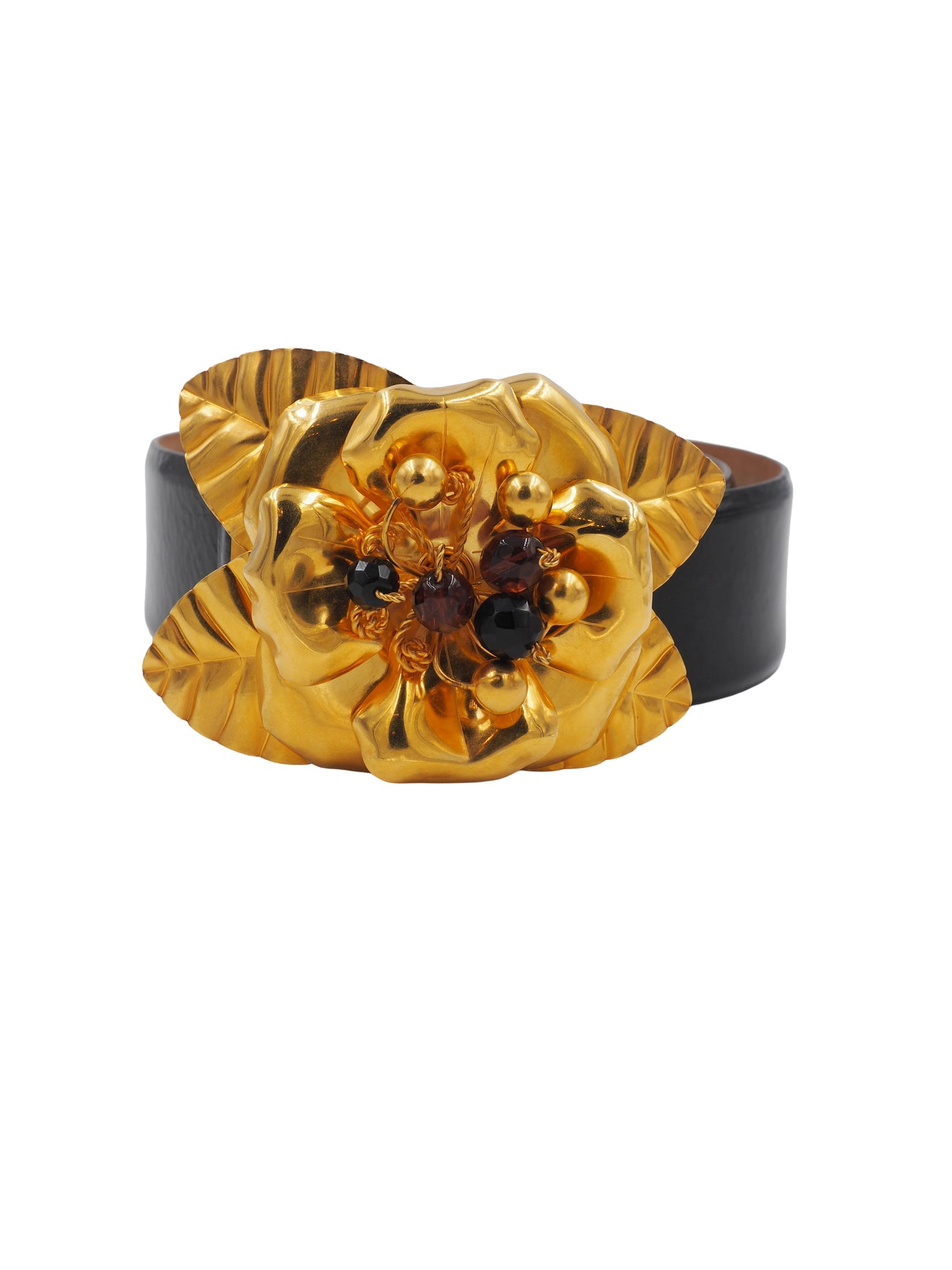 Roberto Cavalli Black Patent Leather Belt With Large Gold Flower Buckle
