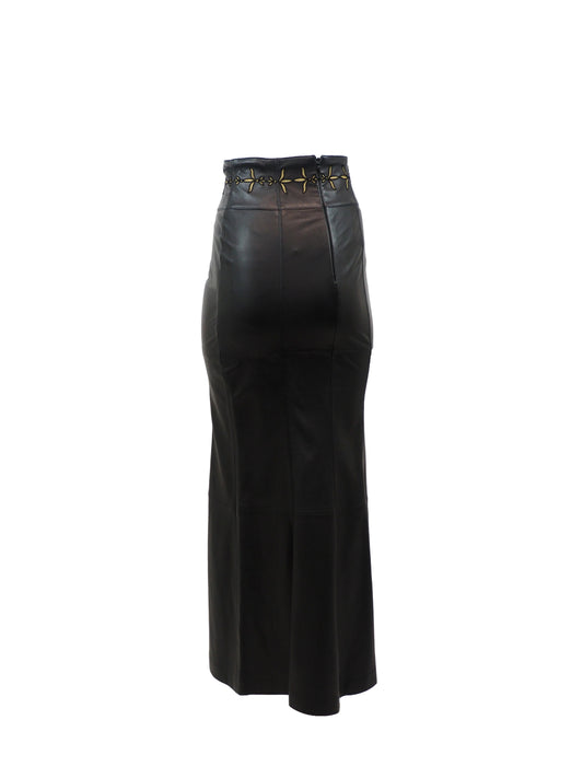 Escada Black Leather Maxi Skirt W Gold Embroidery On Waist