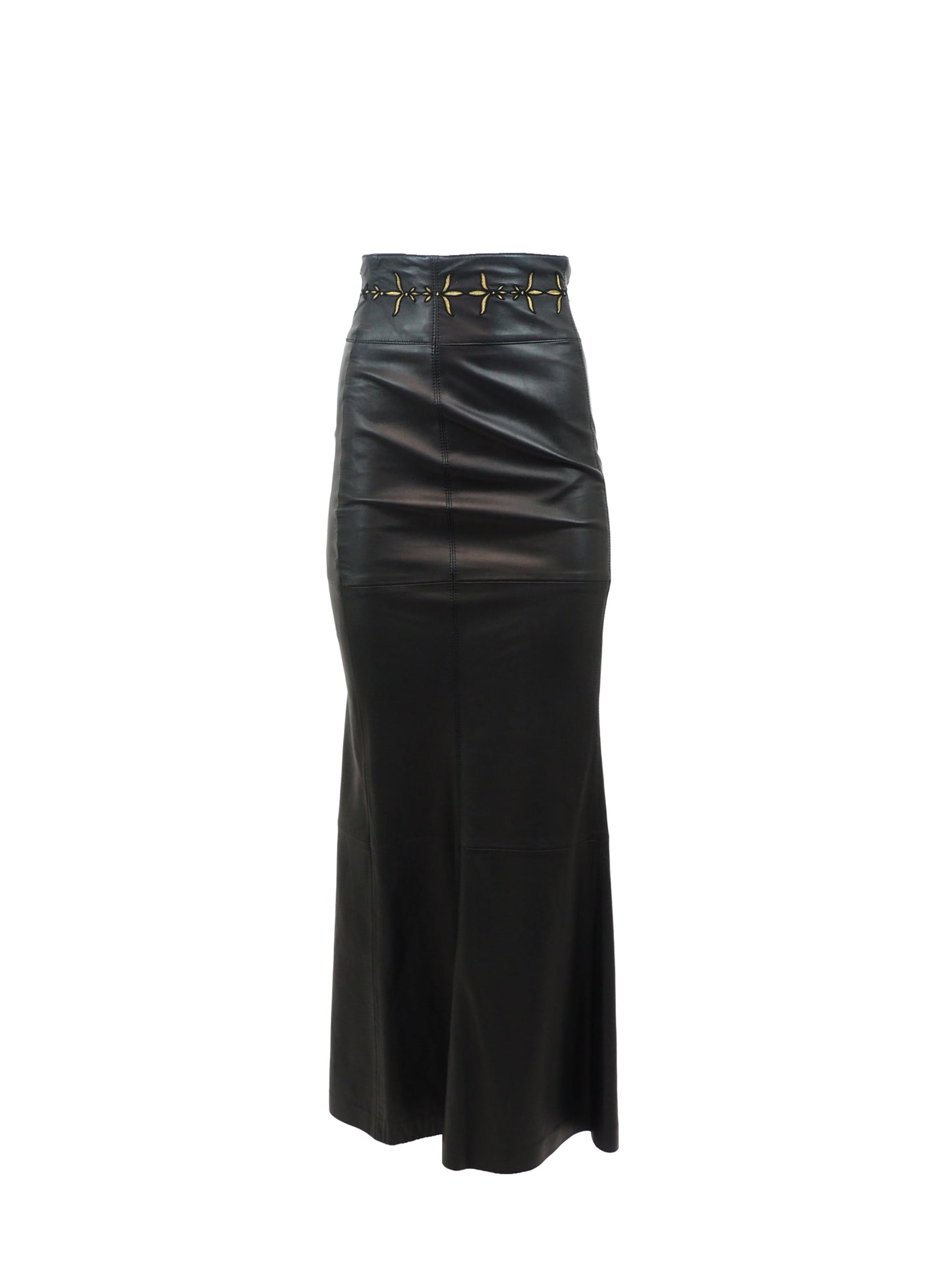 Escada Black Leather Maxi Skirt With Gold Embroidery On Waist