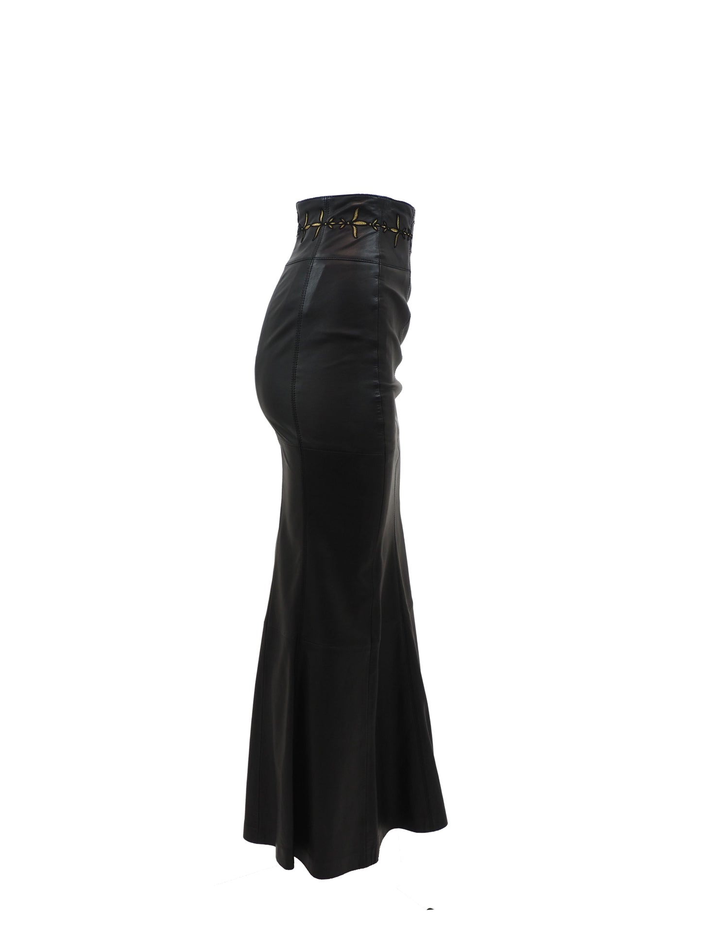 Escada Black Leather Skirt W Gold Embroidery On Waist