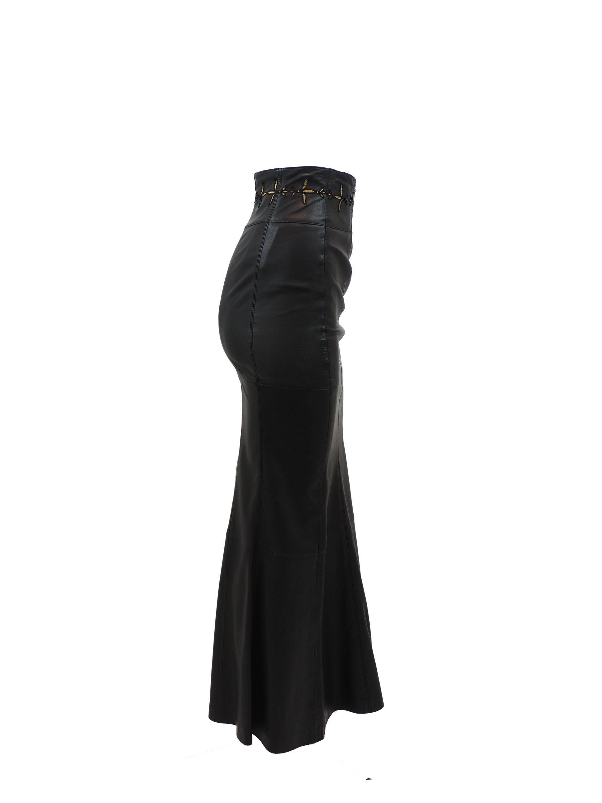 Escada Black Leather Skirt W Gold Embroidery On Waist
