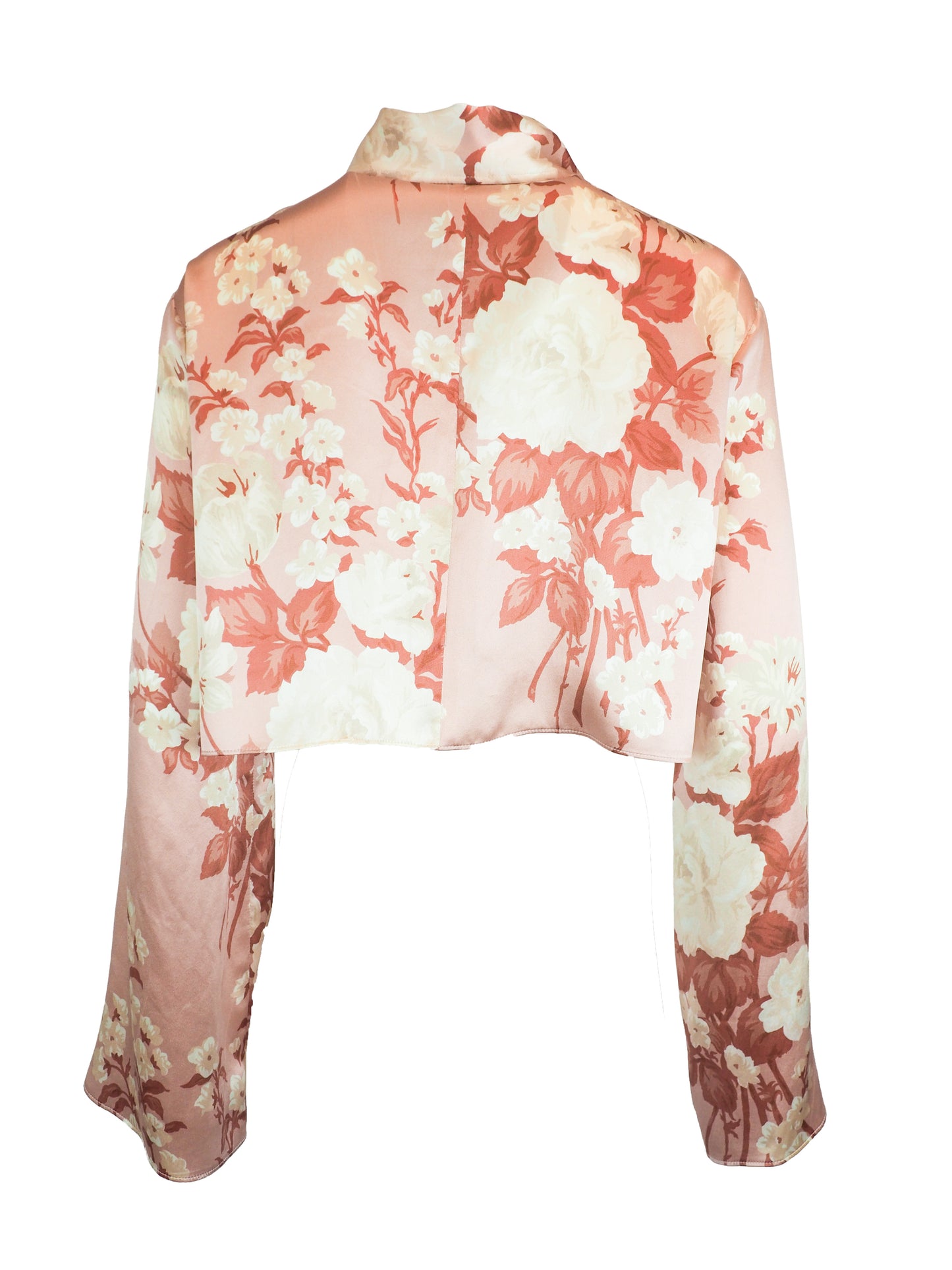 Jane Booke vintage designer long-sleeve satin button-up blouse with a floral print in shades of pink, red, and cream, featuring a pointed collar and cropped hem.