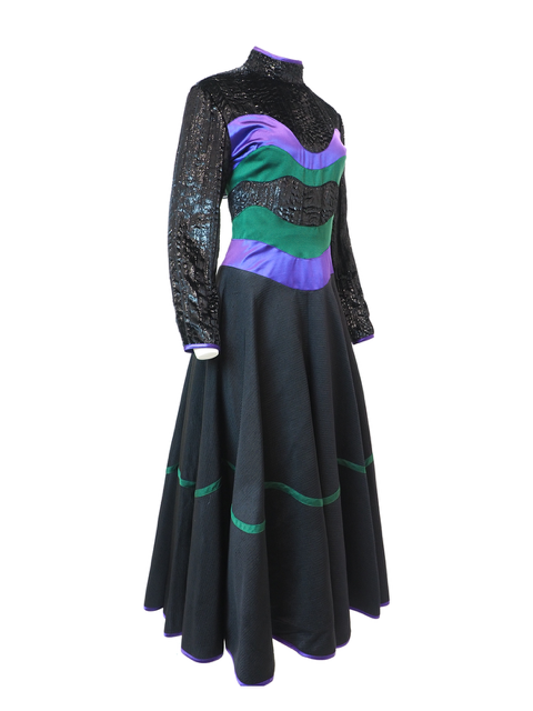 Luxury Vintage gown, Vintage Geoffrey Beene, long sleeve floor length gown, A-line skirt, color block, mock neck. Shimmer textured bodice