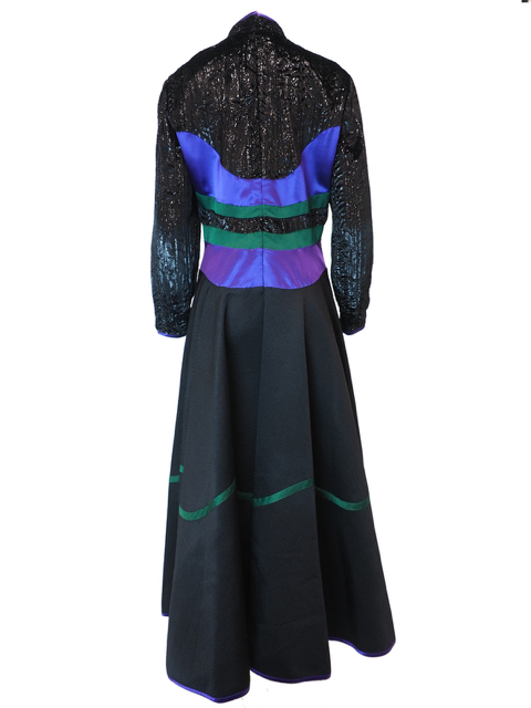 Luxury Vintage gown, Vintage Geoffrey Beene, long sleeve floor length gown, A-line skirt, color block, mock neck. Shimmer textured bodice