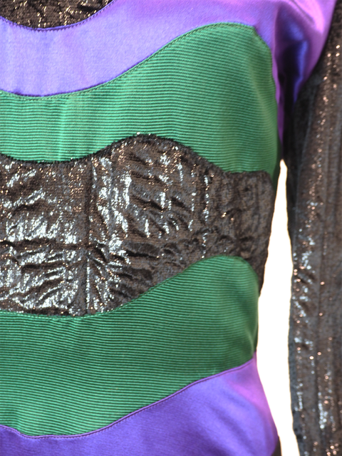 Luxury Vintage gown, Vintage Geoffrey Beene, long sleeve floor length gown, A-line skirt, color block, mock neck. Shimmer textured bodice