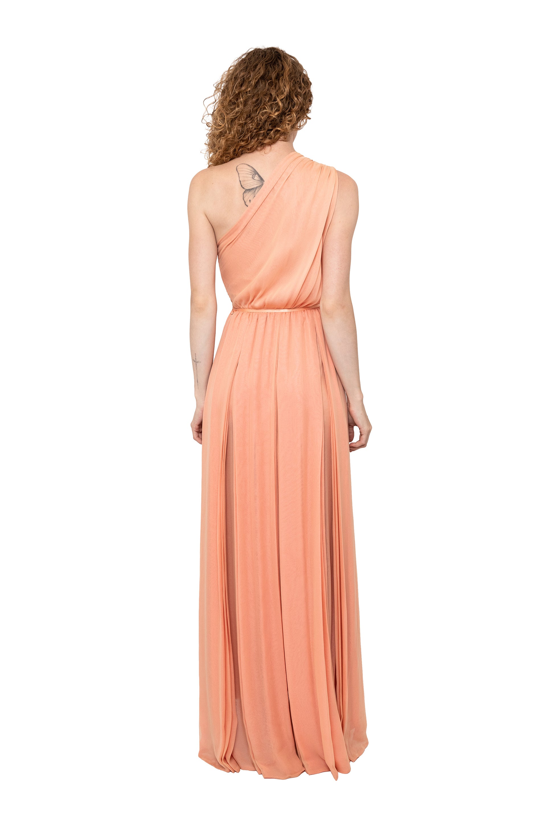 vintage gown by galanos, one shoulder, asymmetric, pink, rose, chiffon, retro, wedding, vacation dress