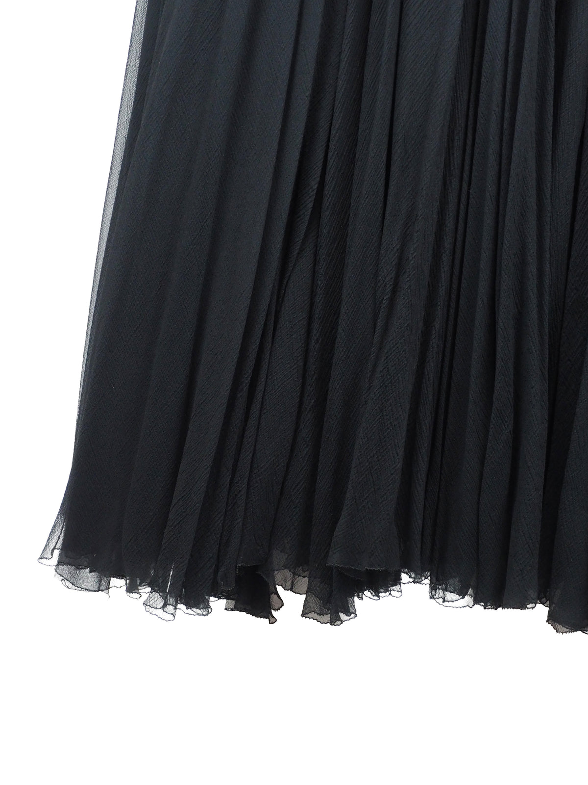 A vintage galanos black long-sleeve midi dress with a V-neckline, three-quarter button placket, and a pleated chiffon skirt