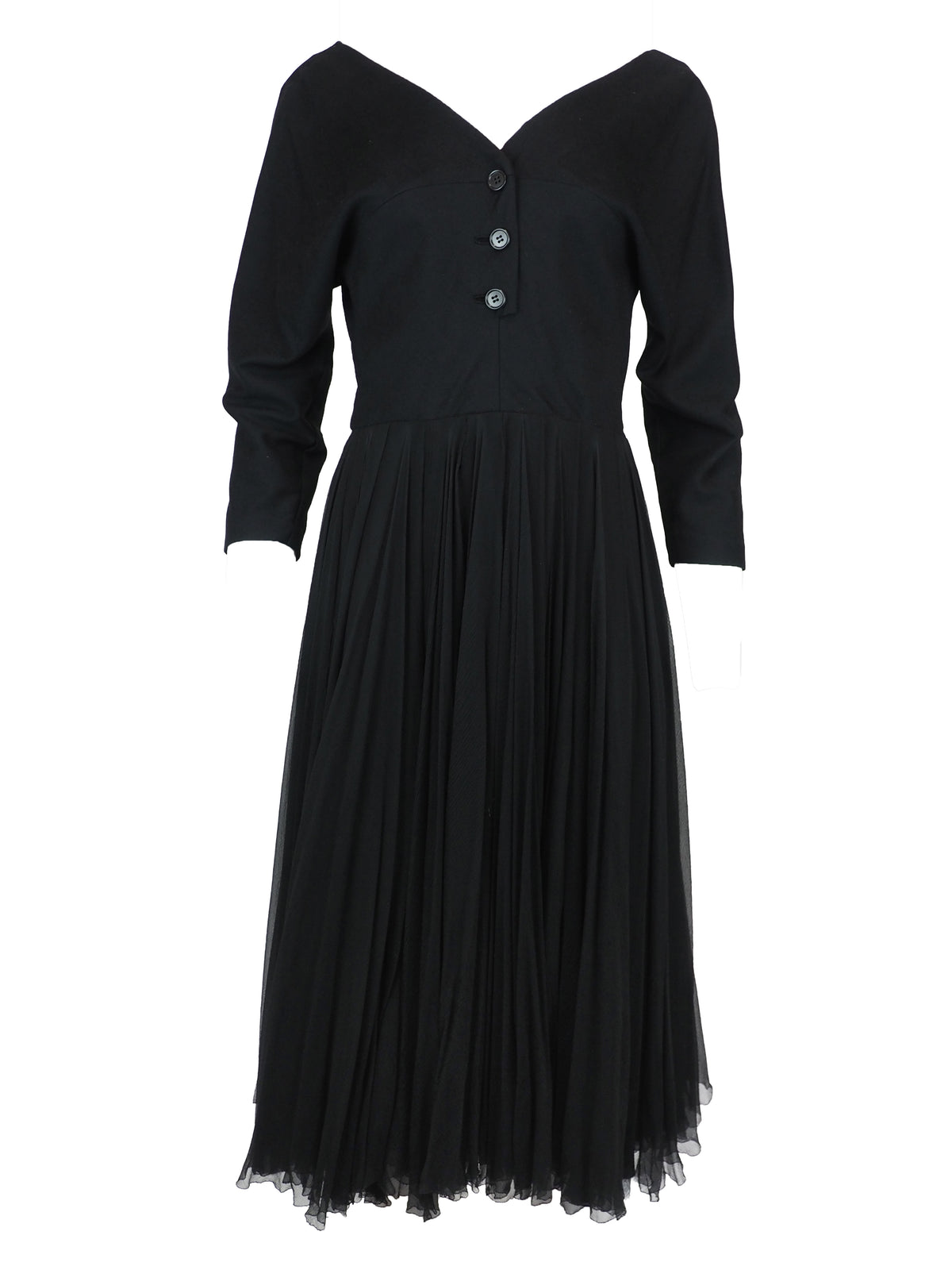 A vintage galanos black long-sleeve midi dress with a V-neckline, three-quarter button placket, and a pleated chiffon skirt