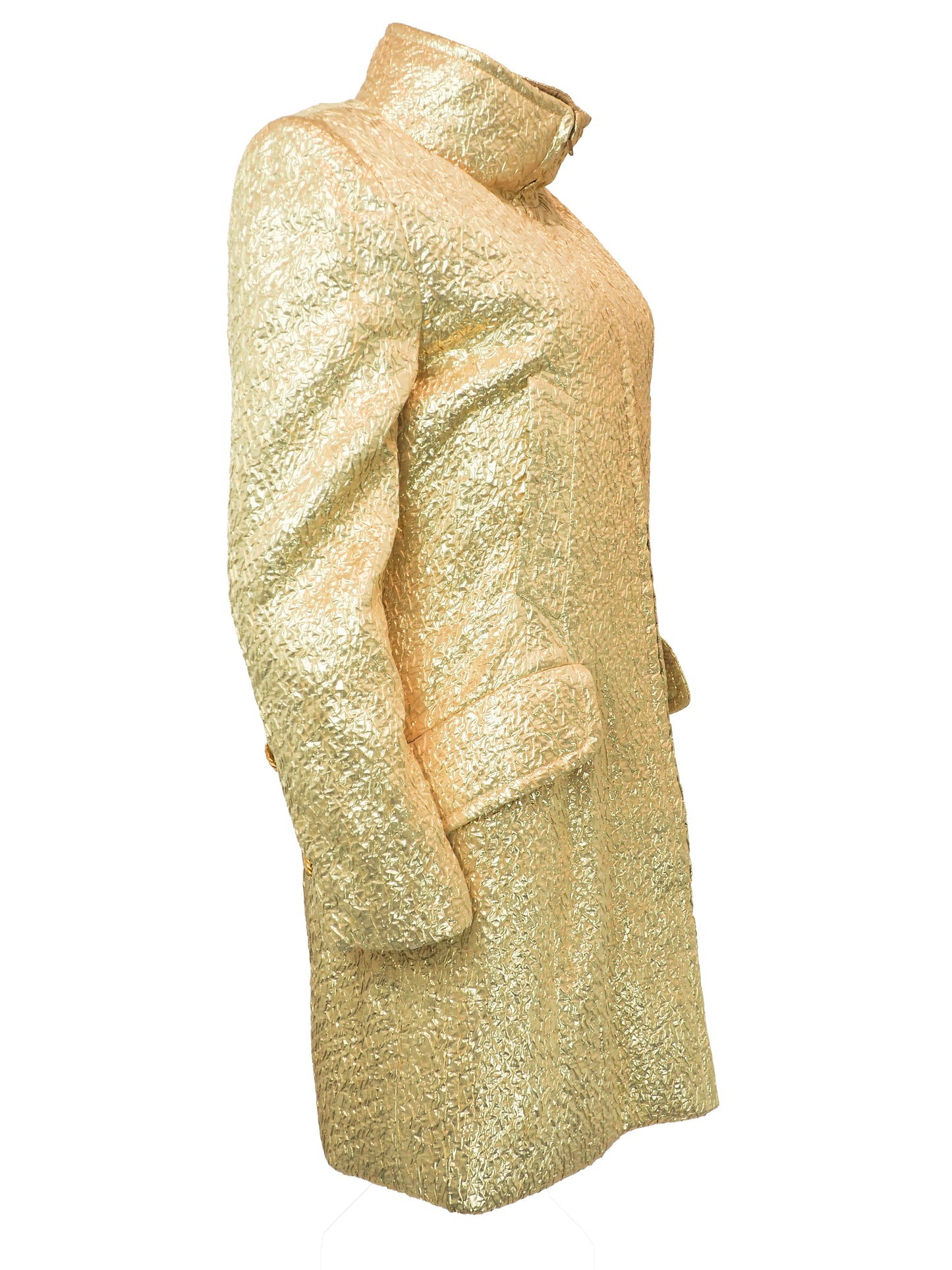 A vintage James galanos metallic gold textured coat with a high stand collar, front zipper, and side pockets