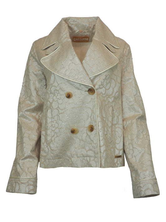 A vintage John galliano 2010 cropped double-breasted jacket in a white light beige jacquard fabric with a subtle floral pattern, featuring notched lapels and four brown buttons