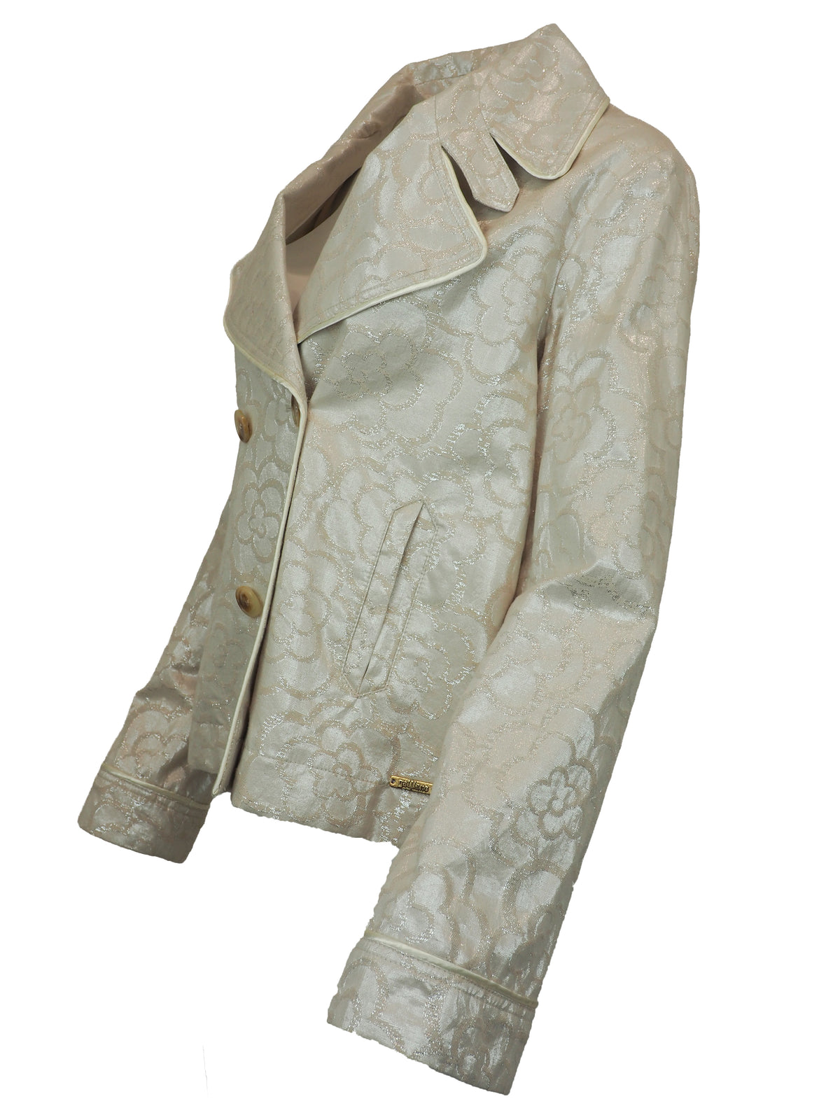 A vintage John galliano 2010 cropped double-breasted jacket in a white light beige jacquard fabric with a subtle floral pattern, featuring notched lapels and four brown buttons