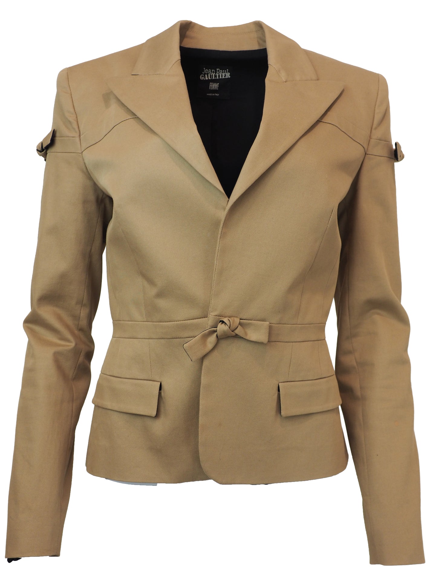 A vintage jean Paul gaultier tan tailored blazer jacket with bow details, flap pockets, and shoulder button details