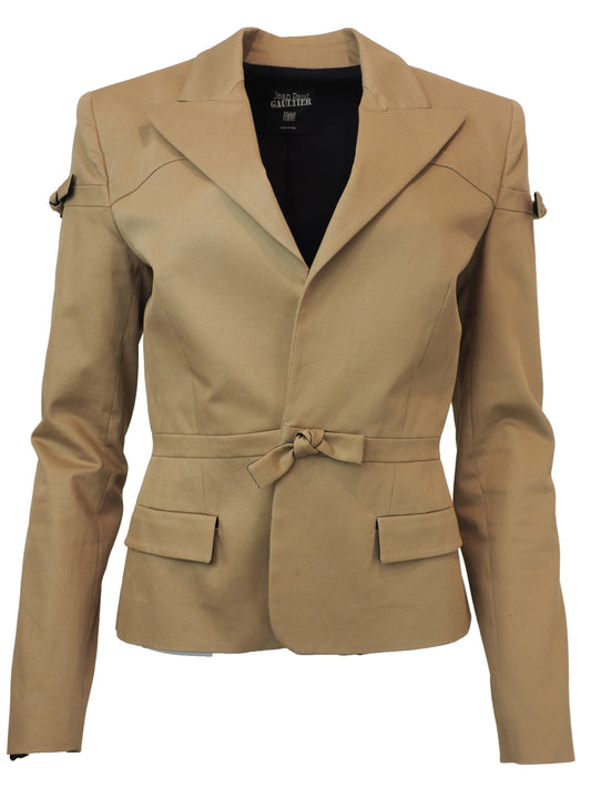 A vintage jean Paul gaultier tan tailored blazer jacket with bow details, flap pockets, and shoulder button details