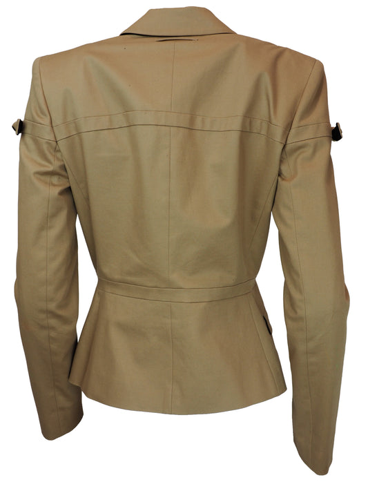 A vintage jean Paul gaultier tan tailored blazer jacket with bow details, flap pockets, and shoulder button details