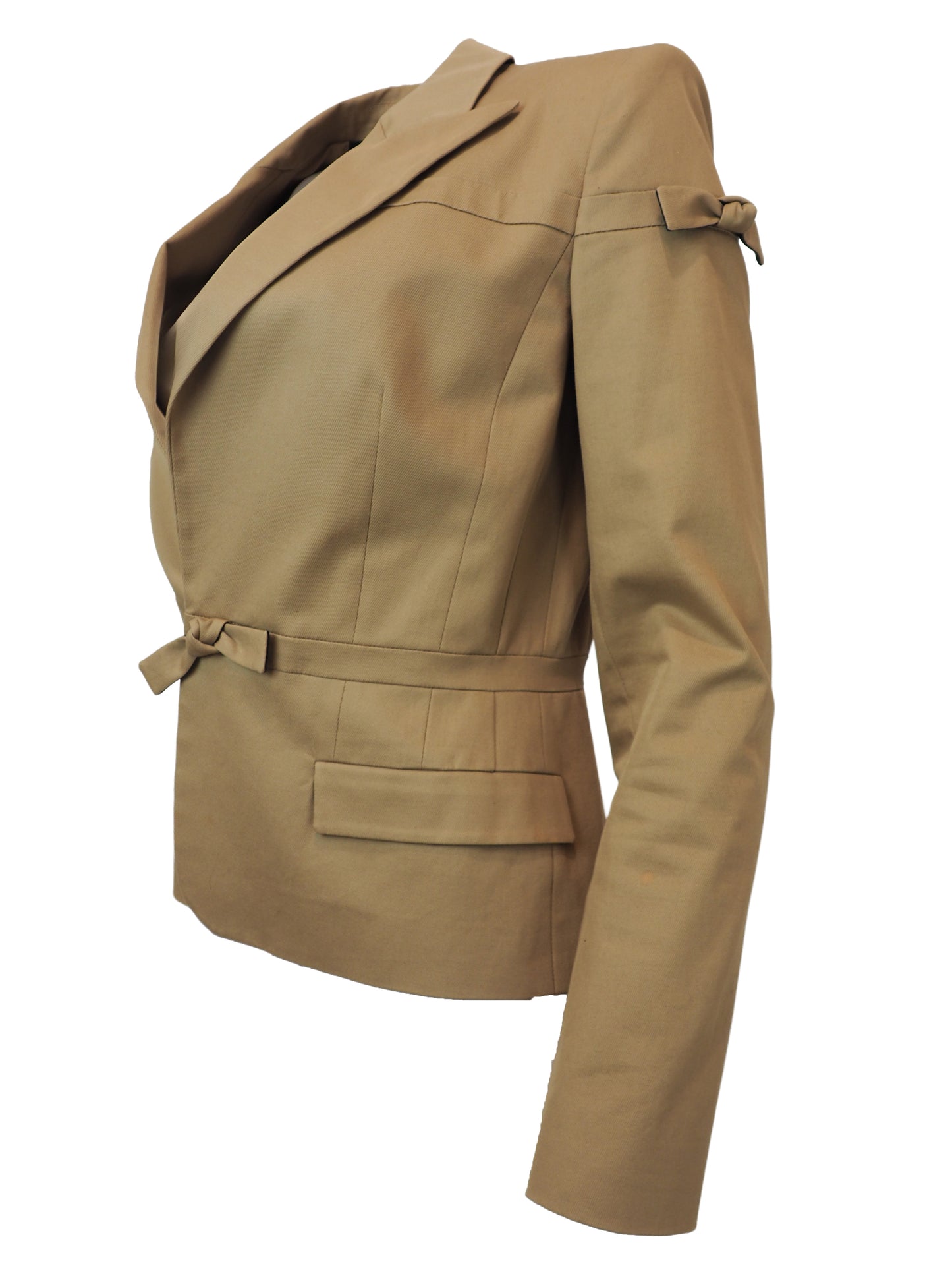 A vintage jean Paul gaultier tan tailored blazer jacket with bow details, flap pockets, and shoulder button details
