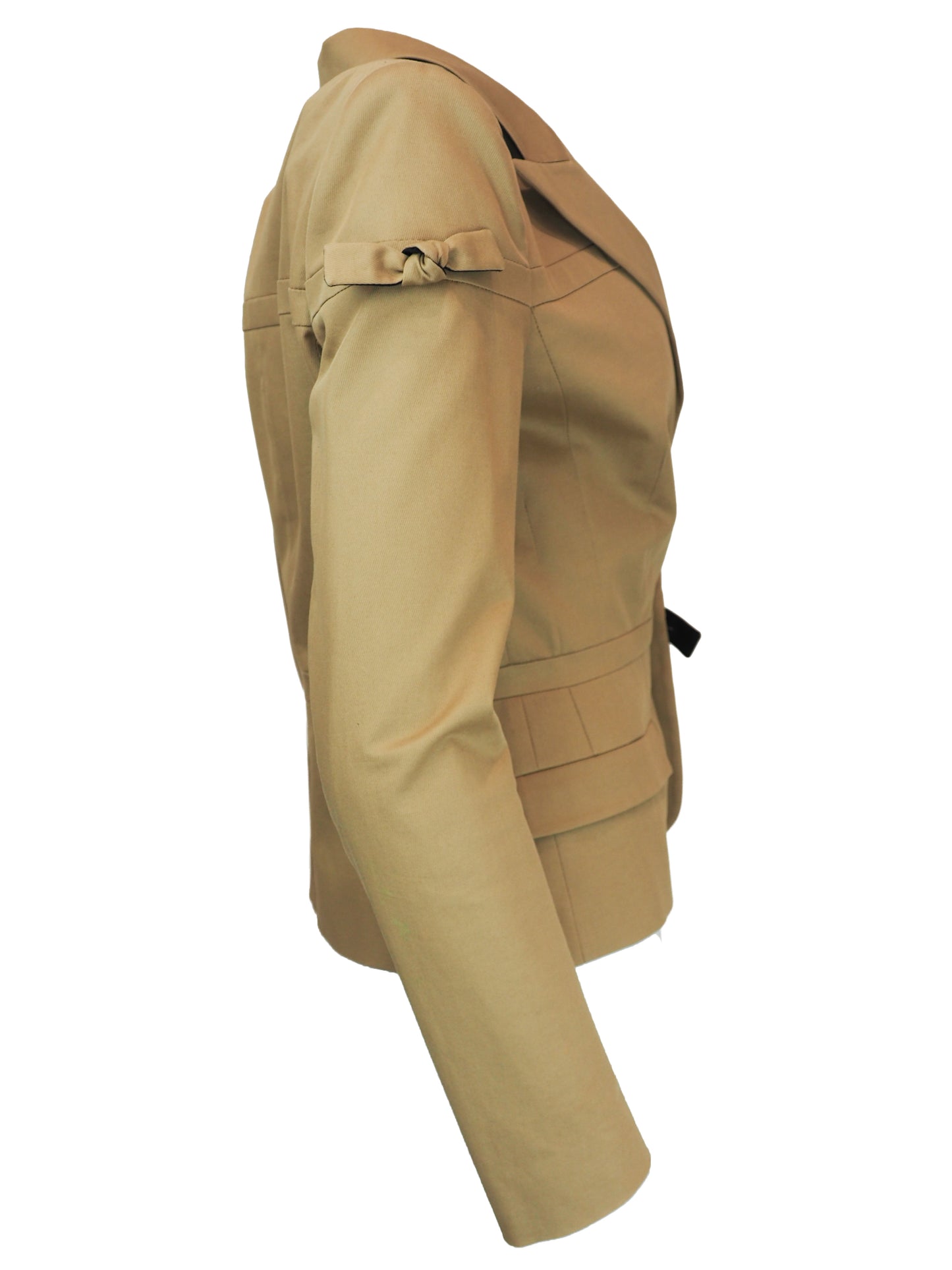 A vintage jean Paul gaultier tan tailored blazer jacket with bow details, flap pockets, and shoulder button details