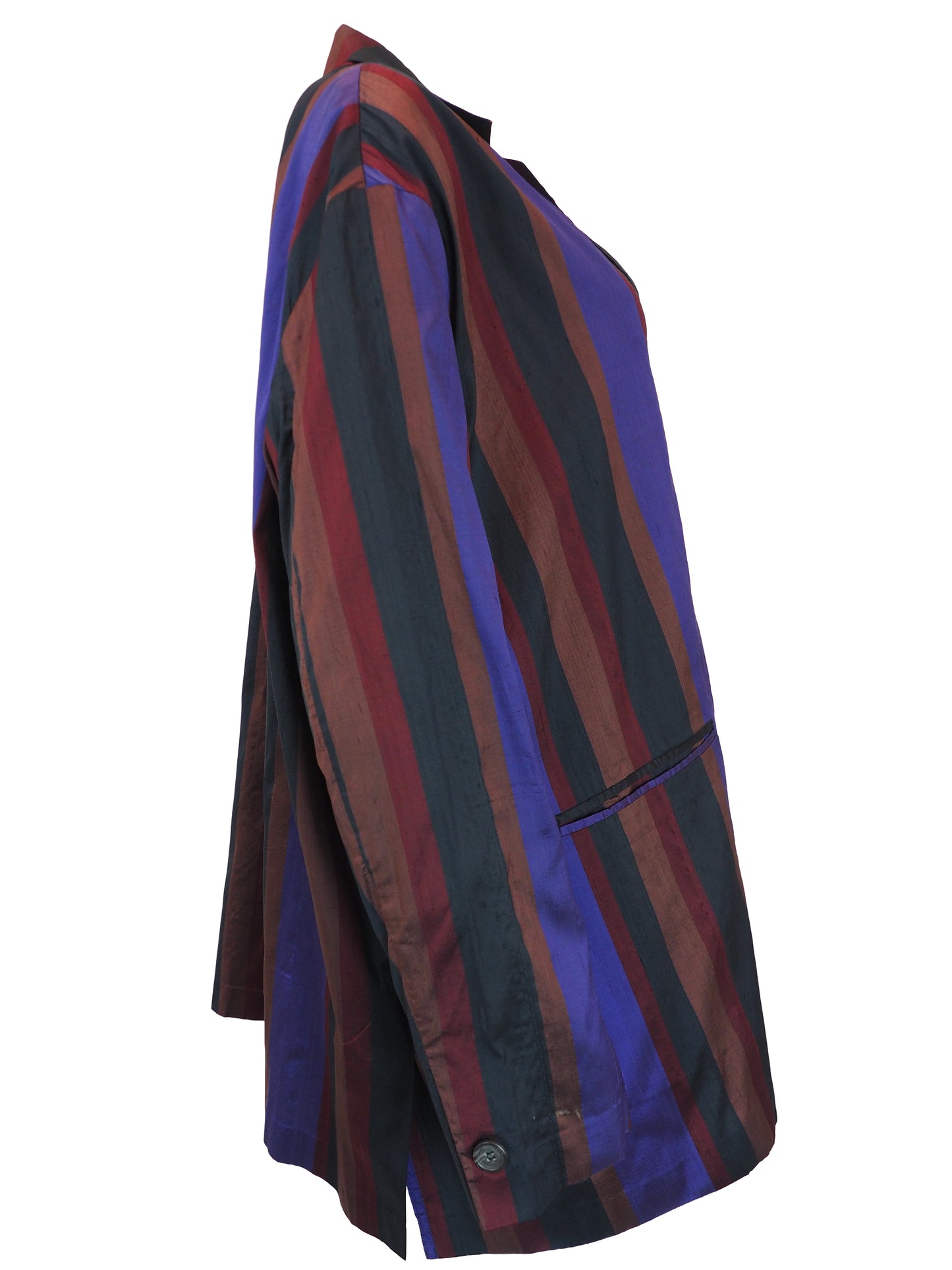 Romeo Gigli Vintage. A long-sleeve striped blazer with vertical stripes in purple, rust red, and black, featuring a three-button front closure and flap pockets.