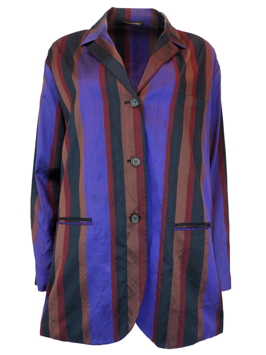 Romeo Gigli Vintage. A long-sleeve striped blazer with vertical stripes in purple, rust red, and black, featuring a three-button front closure and flap pockets.