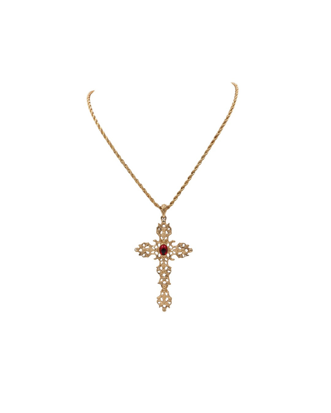 Gold Cross With Center Red Cabochon