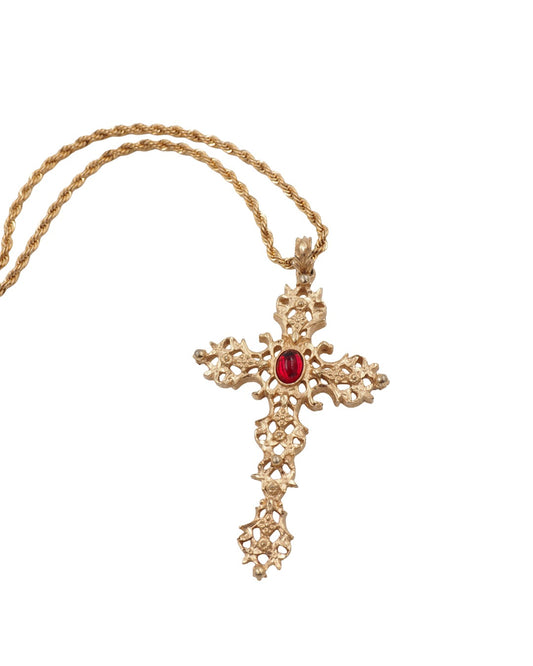 Gold Cross necklace With Center Red Cabochon