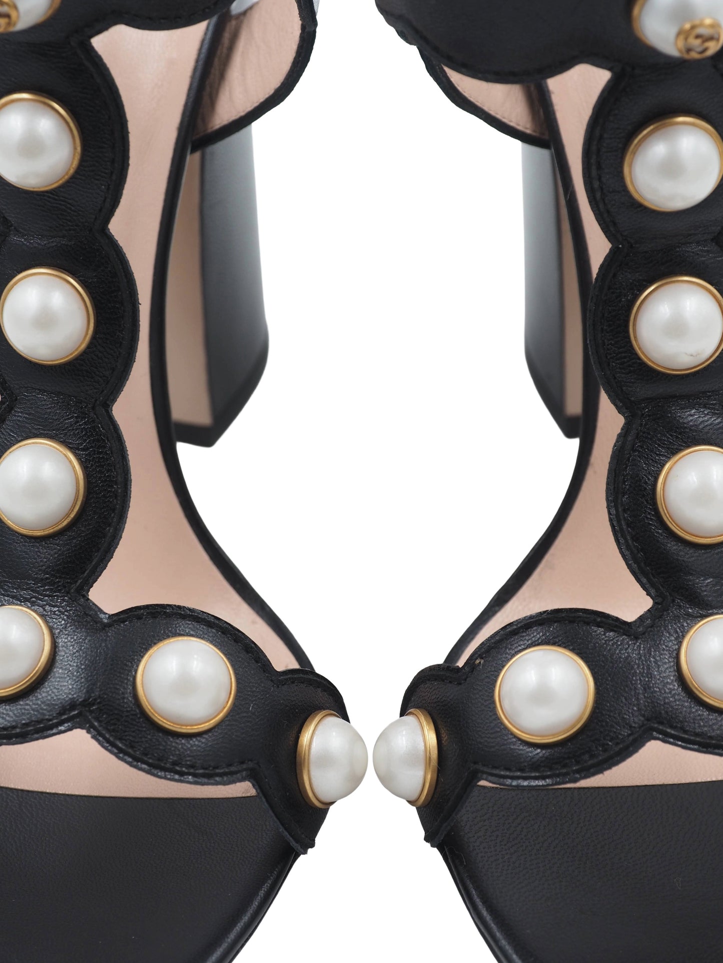 Gucci Black Leather Pearl T Strap Heels