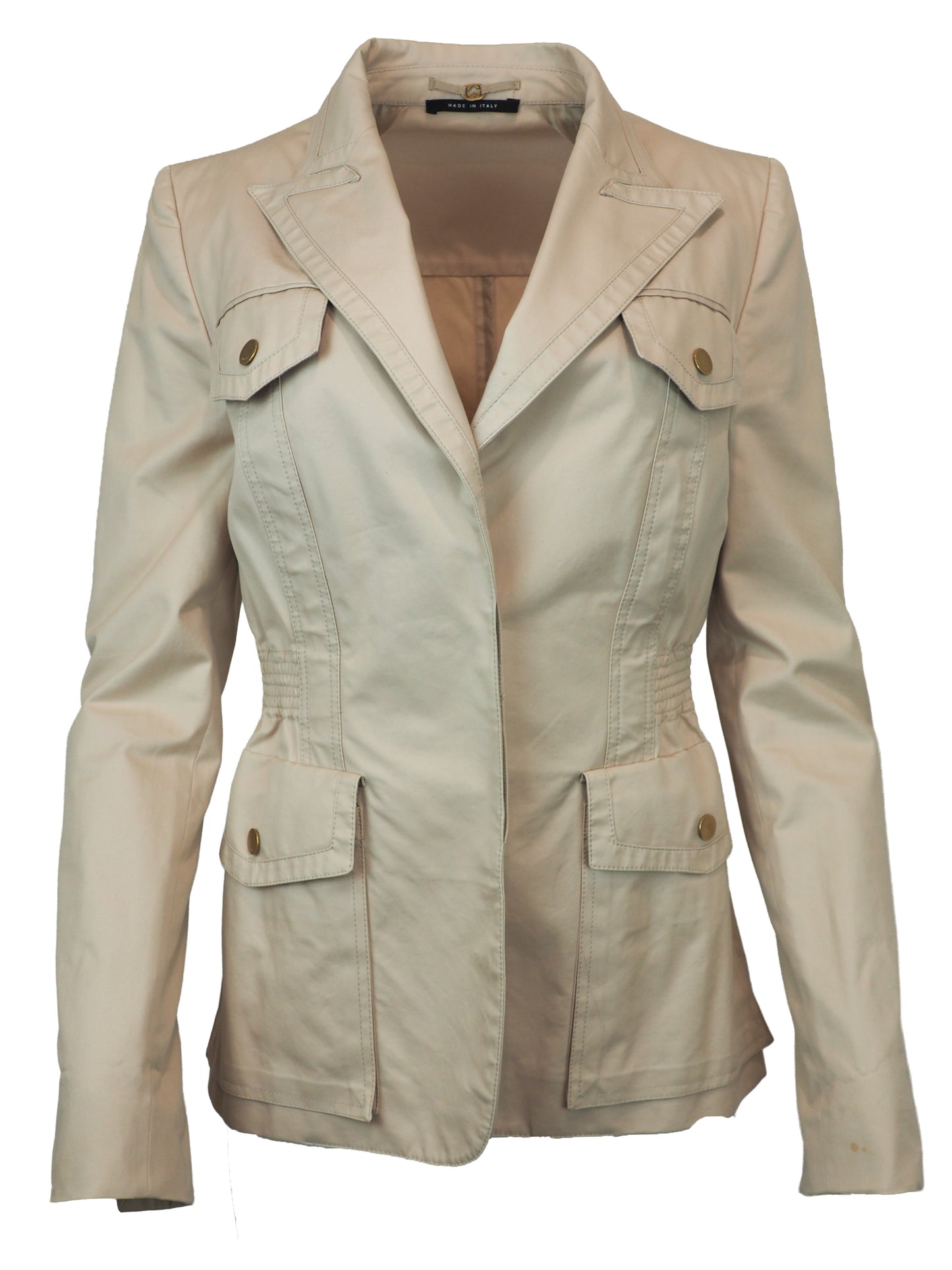 A women's vintage Tom Ford Gucci 2003 beige utility-style blazer jacket with a notched lapel collar, buttoned flap chest pockets, a gathered waist seam, and two large front flap pockets