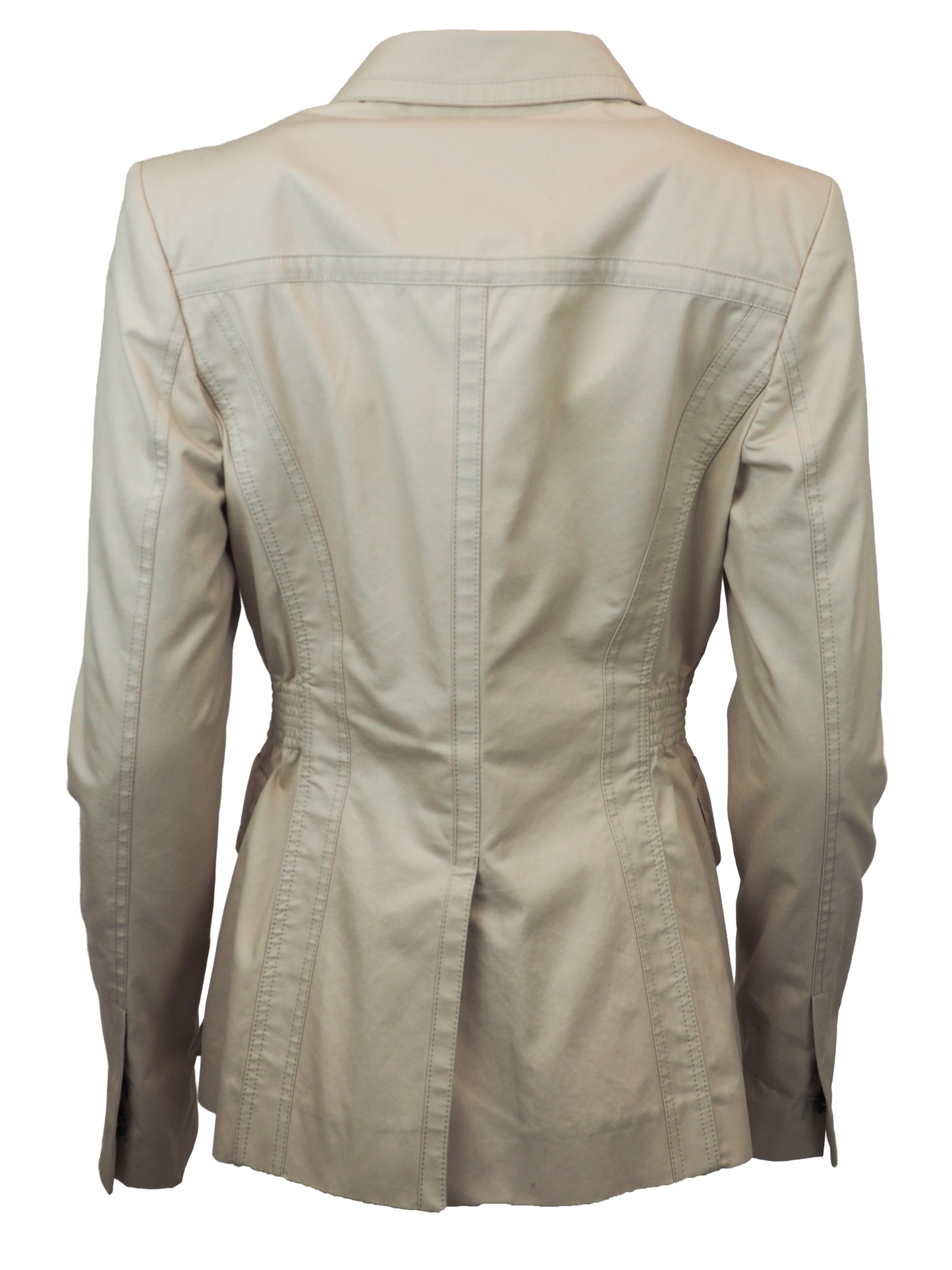 A women's vintage Tom Ford Gucci 2003 beige utility-style blazer jacket with a notched lapel collar, buttoned flap chest pockets, a gathered waist seam, and two large front flap pockets