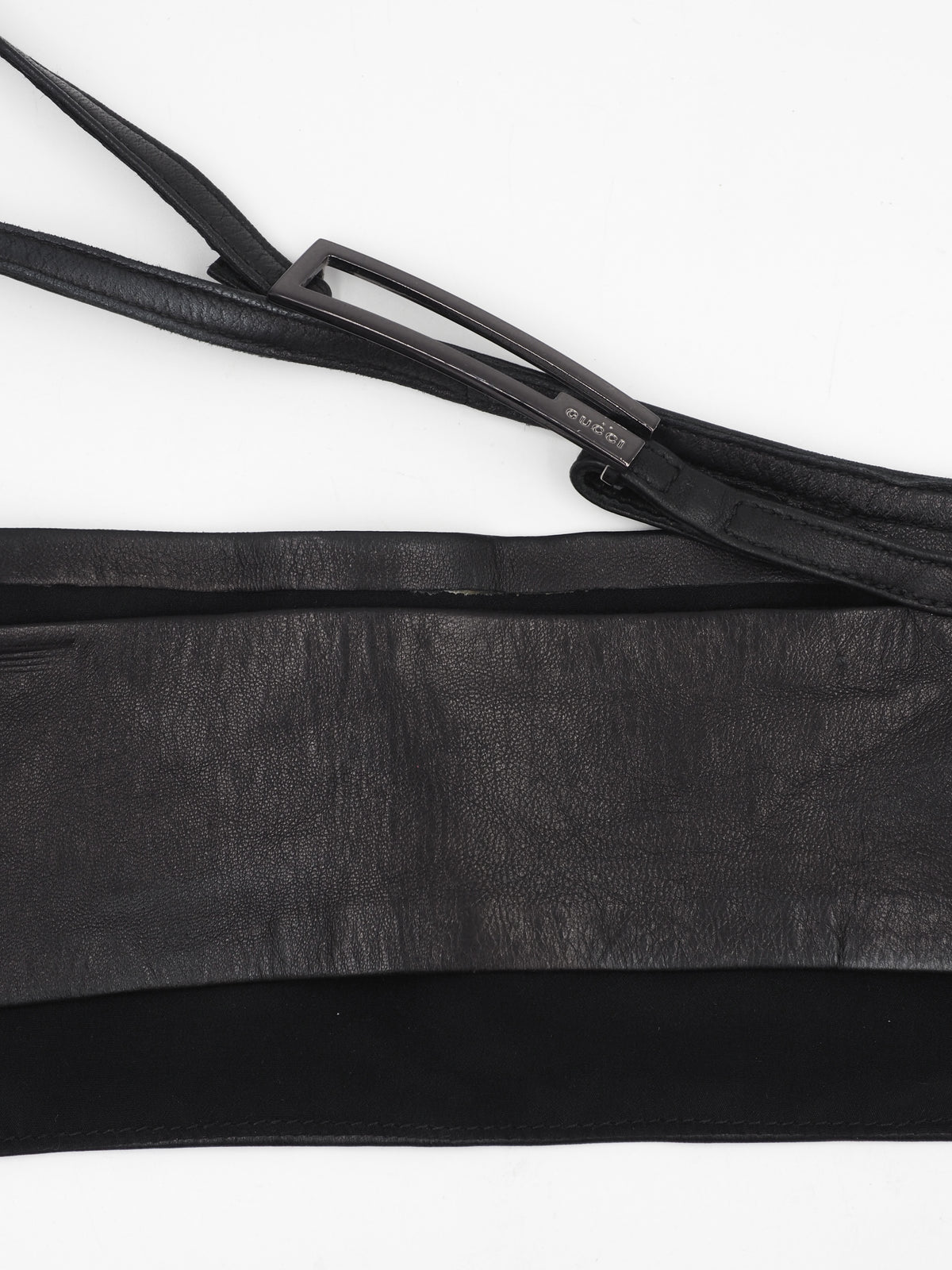 A vintage tom ford for gucci black two-piece bikini set by Gucci, featuring a strapless bandeau-style top with a side strap and matching low-rise bikini bottoms