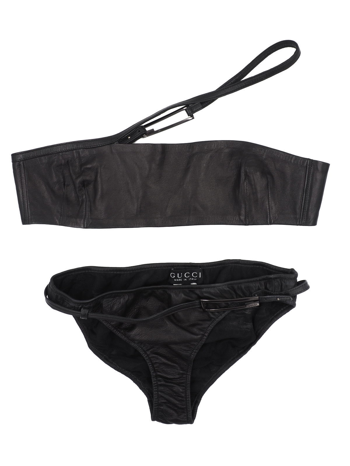 A vintage tom ford for gucci black two-piece bikini set by Gucci, featuring a strapless bandeau-style top with a side strap and matching low-rise bikini bottoms