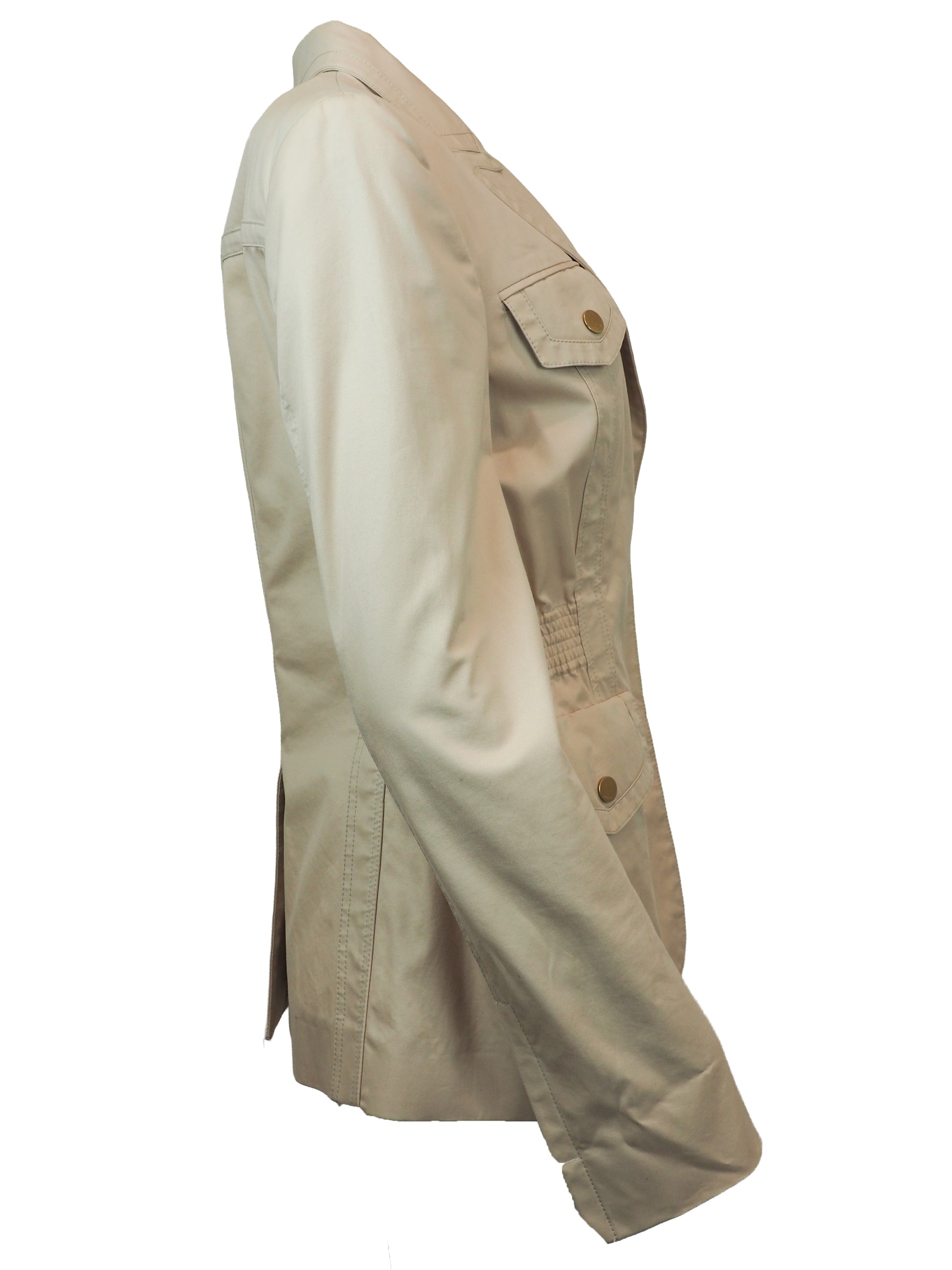 A women's vintage Tom Ford Gucci 2003 beige utility-style blazer jacket with a notched lapel collar, buttoned flap chest pockets, a gathered waist seam, and two large front flap pockets