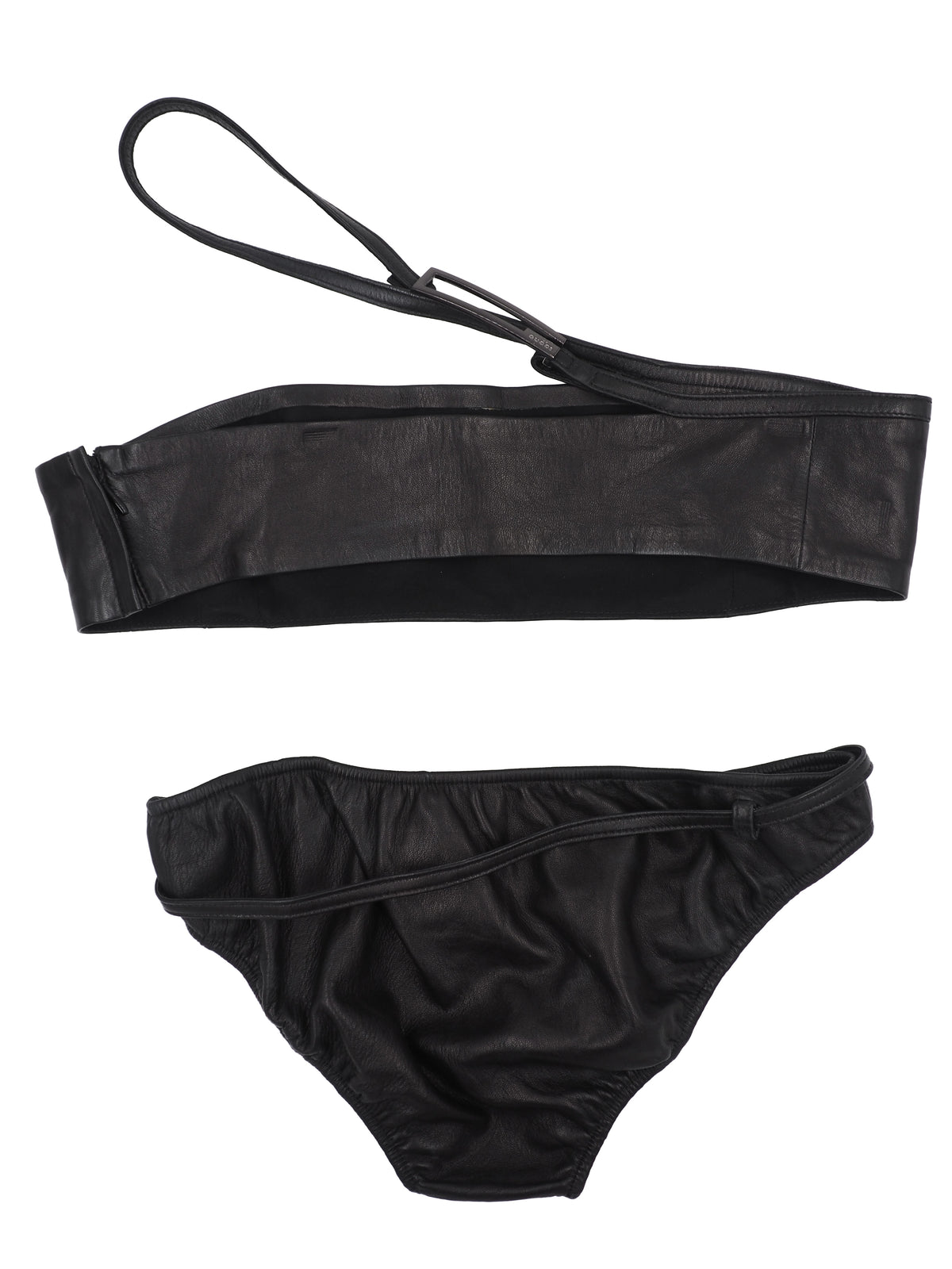 A vintage tom ford for gucci black two-piece bikini set by Gucci, featuring a strapless bandeau-style top with a side strap and matching low-rise bikini bottoms