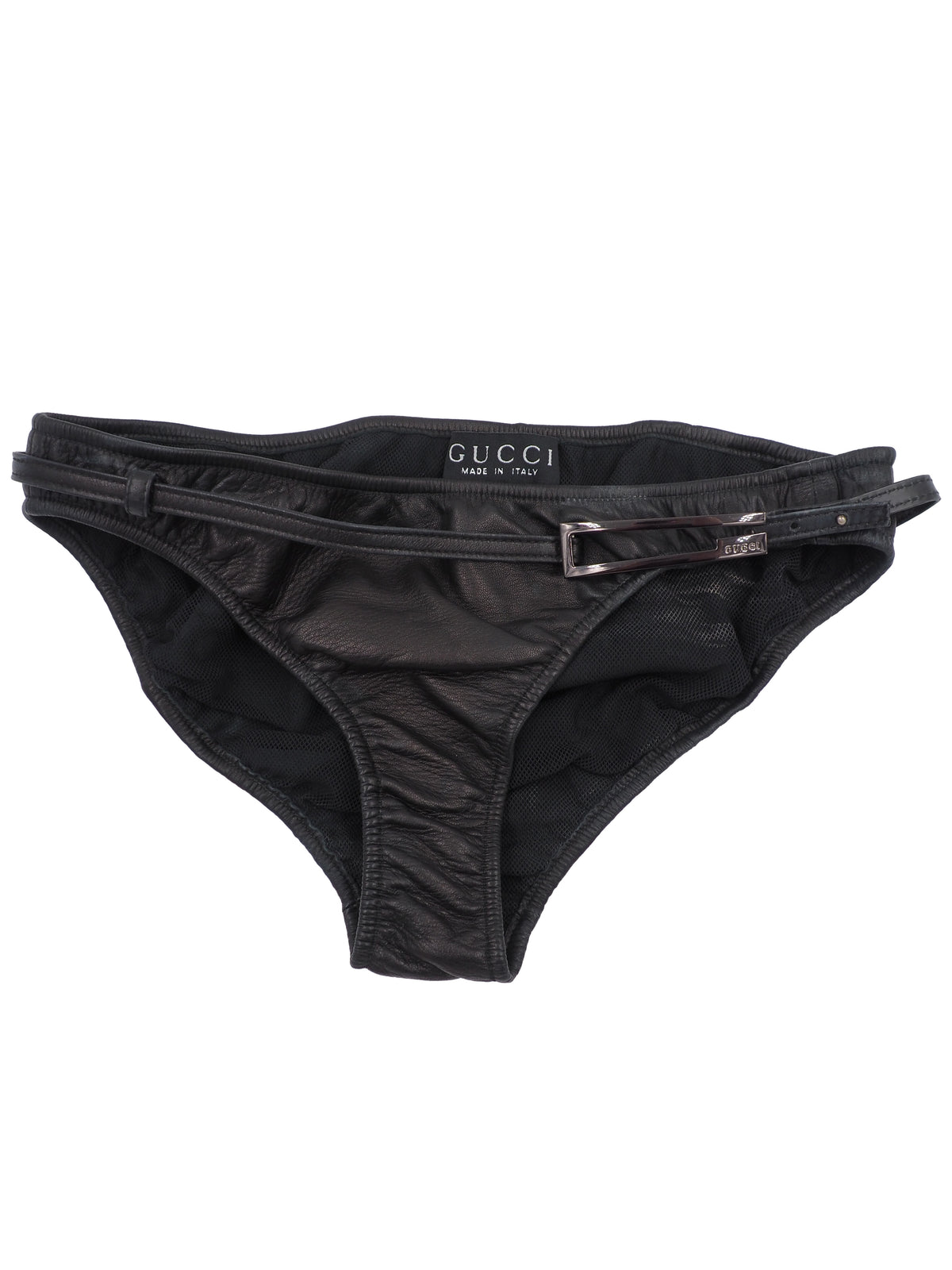 A vintage tom ford for gucci black two-piece bikini set by Gucci, featuring a strapless bandeau-style top with a side strap and matching low-rise bikini bottoms