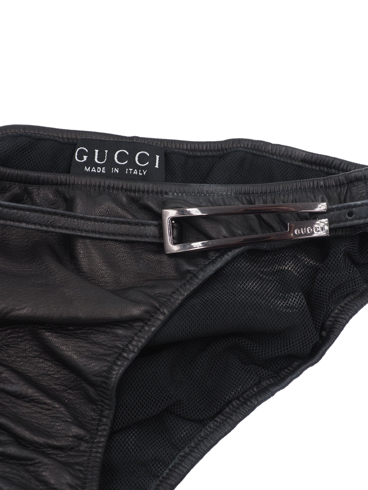 A vintage tom ford for gucci black two-piece bikini set by Gucci, featuring a strapless bandeau-style top with a side strap and matching low-rise bikini bottoms