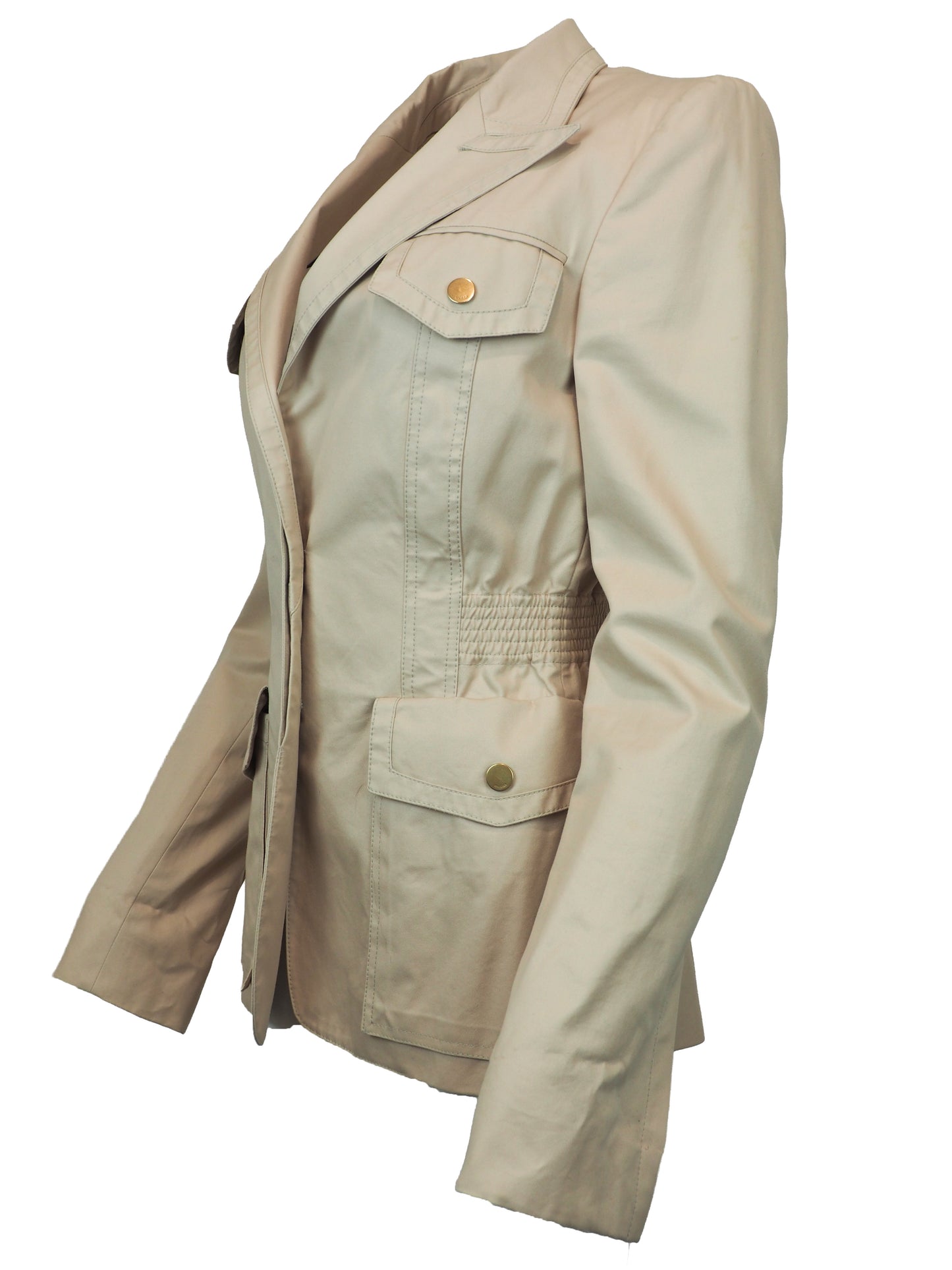 A women's vintage Tom Ford Gucci 2003 beige utility-style blazer jacket with a notched lapel collar, buttoned flap chest pockets, a gathered waist seam, and two large front flap pockets