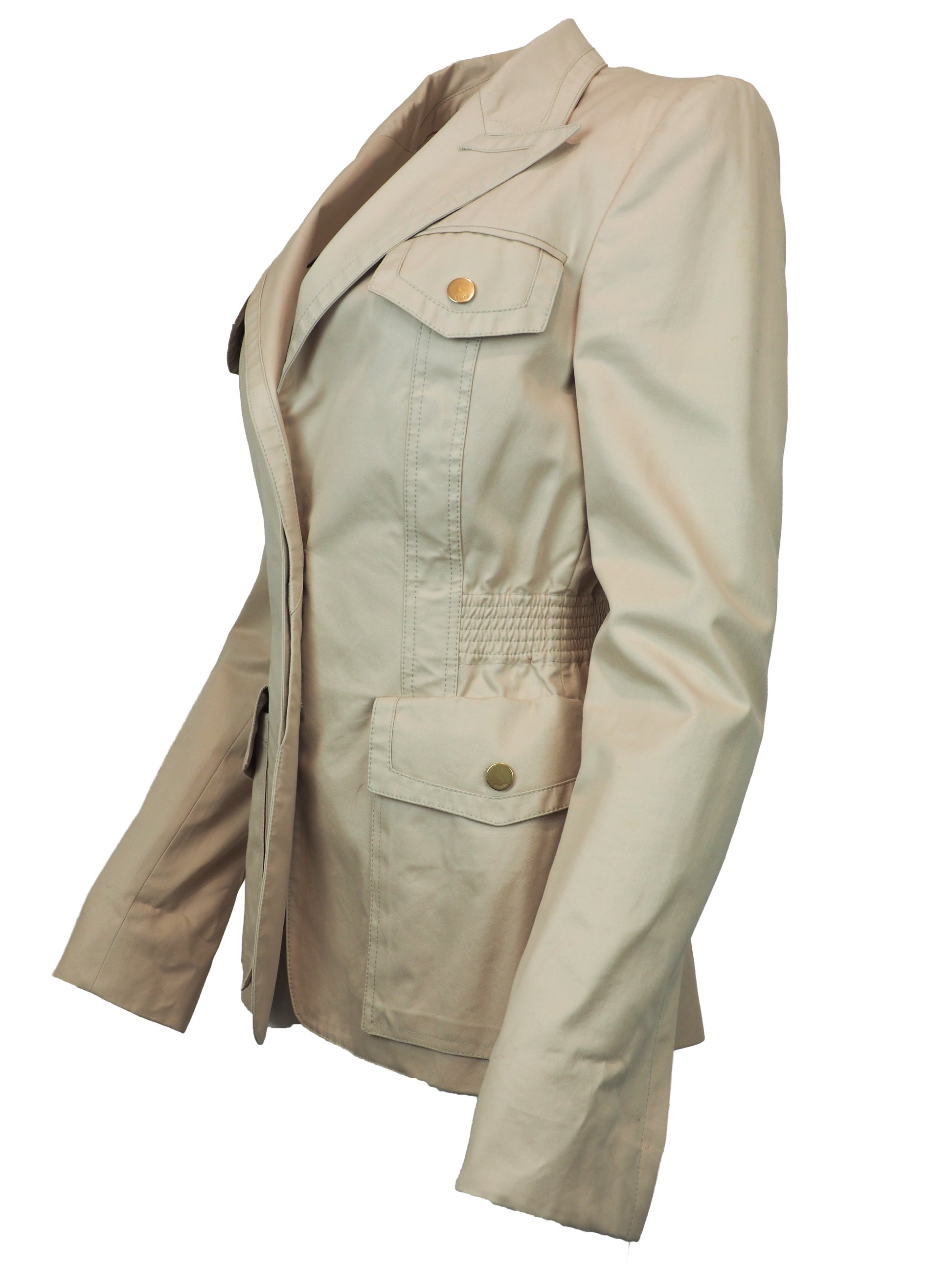 A women's vintage Tom Ford Gucci 2003 beige utility-style blazer jacket with a notched lapel collar, buttoned flap chest pockets, a gathered waist seam, and two large front flap pockets