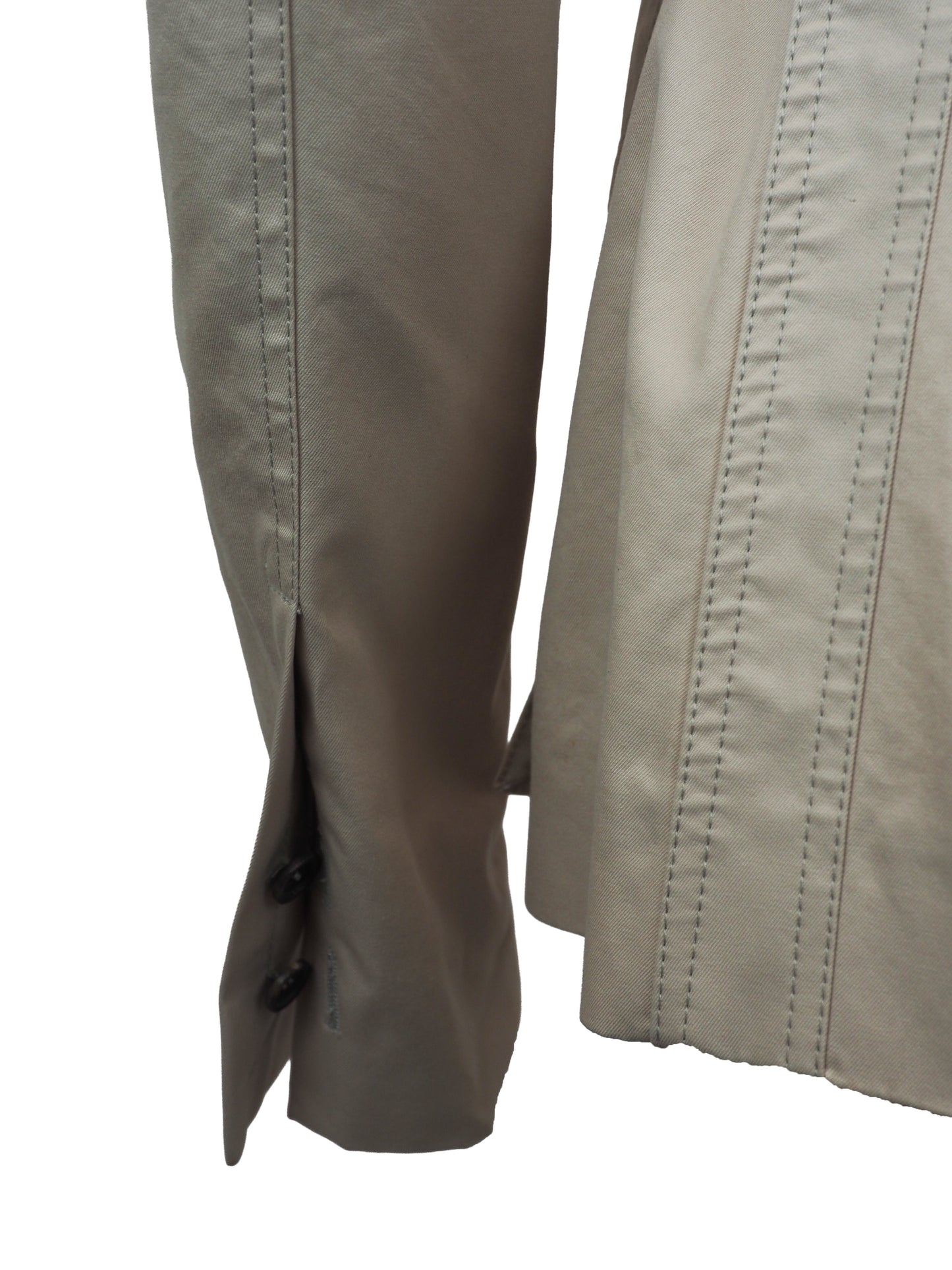 A women's vintage Tom Ford Gucci 2003 beige utility-style blazer jacket with a notched lapel collar, buttoned flap chest pockets, a gathered waist seam, and two large front flap pockets
