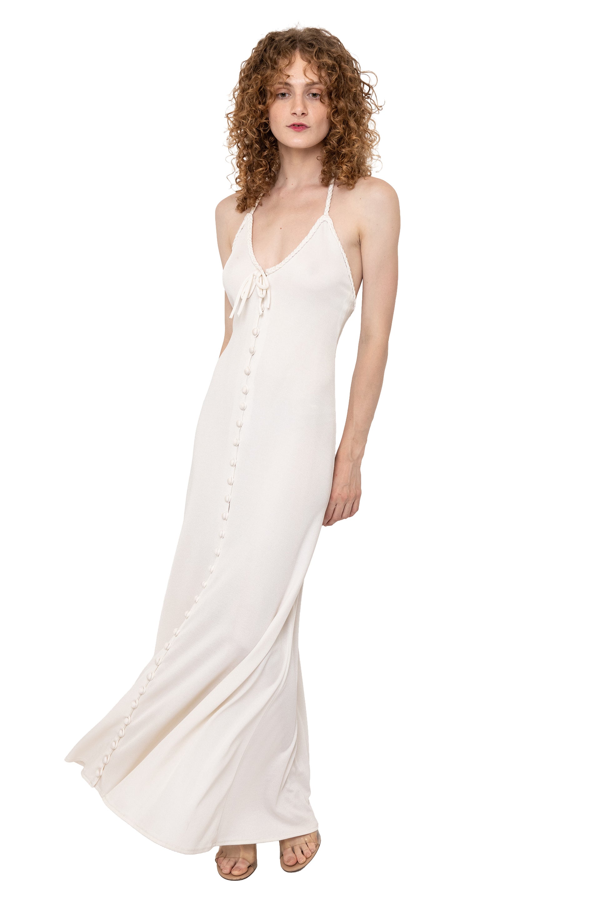Loris Azzaro 1970's halter dress in white, ivory, cream. Braided details, button down. Bridal, wedding, honeymoon, gown