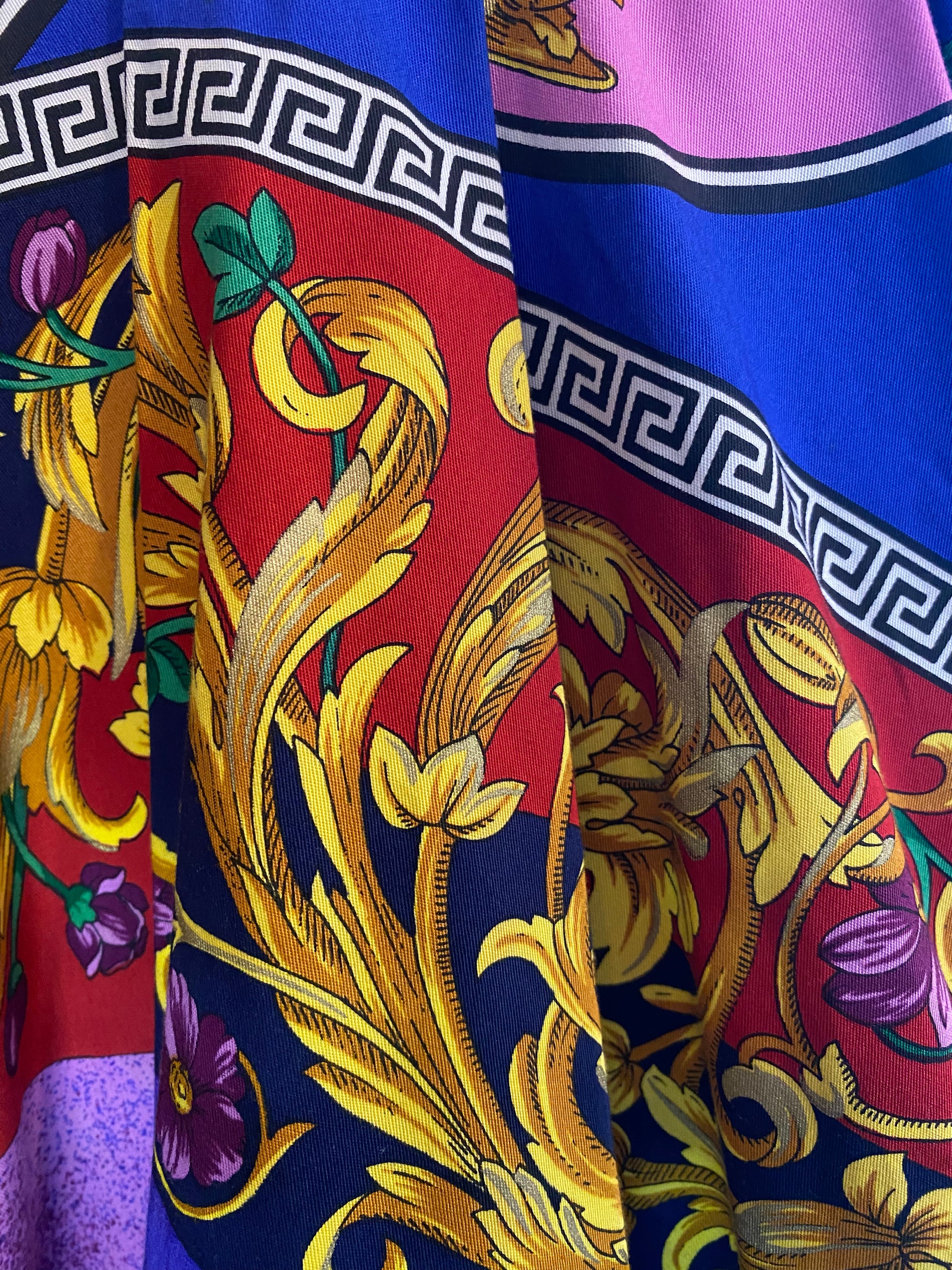 Vintage 1992 Spring Ready to Wear Versace Jeans Couture Cotton Baroque Dress print close up