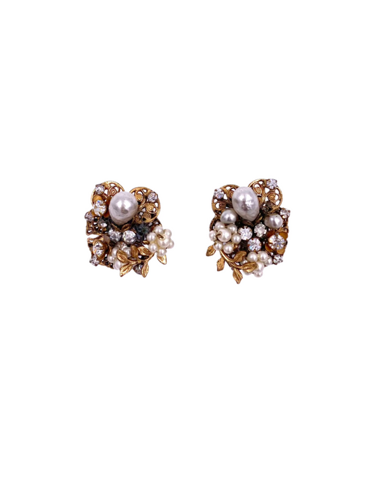 Gold Pearl & Rhinestone Cluster  Earring