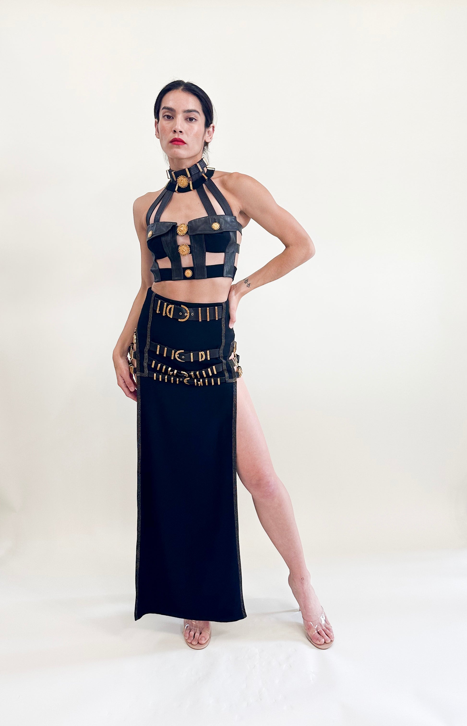 Gianni Versace F/W 1992 "Miss S&M" Black Leather with Gold Hardware Pocket Caged Bustier Full Top and Skirt View