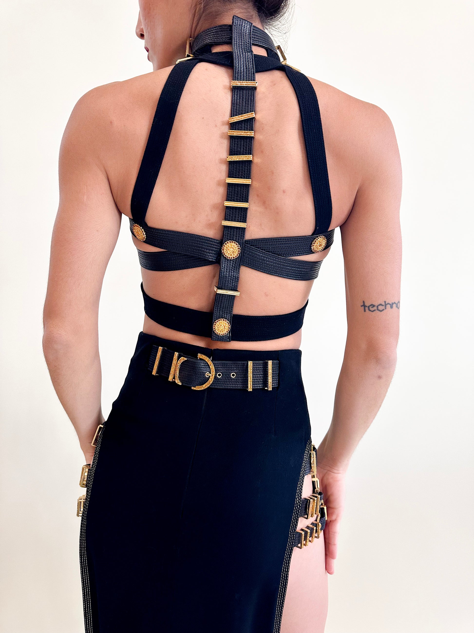 Gianni Versace F/W 1992 "Miss S&M" Black Leather with Gold Hardware Pocket Caged Bustier Back View