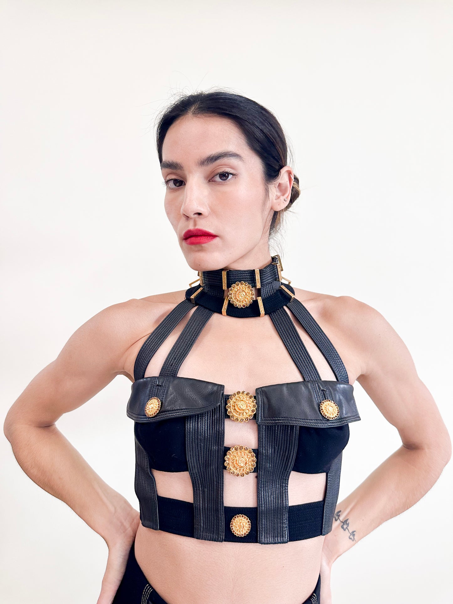 Gianni Versace F/W 1992 "Miss S&M" Black Leather with Gold Hardware Pocket Caged Bustier Front