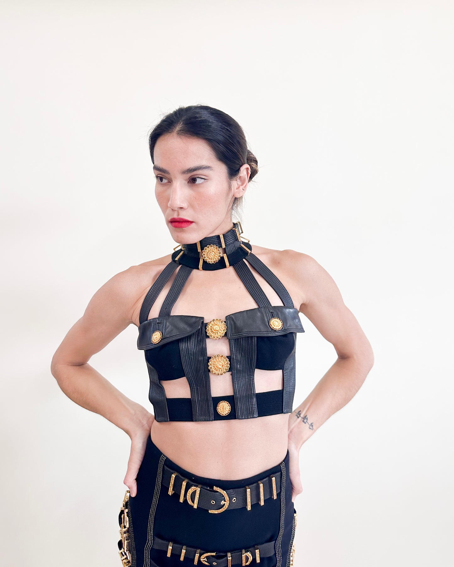 Gianni Versace F/W 1992 "Miss S&M" Black Leather with Gold Hardware Pocket Caged Bustier Front Image