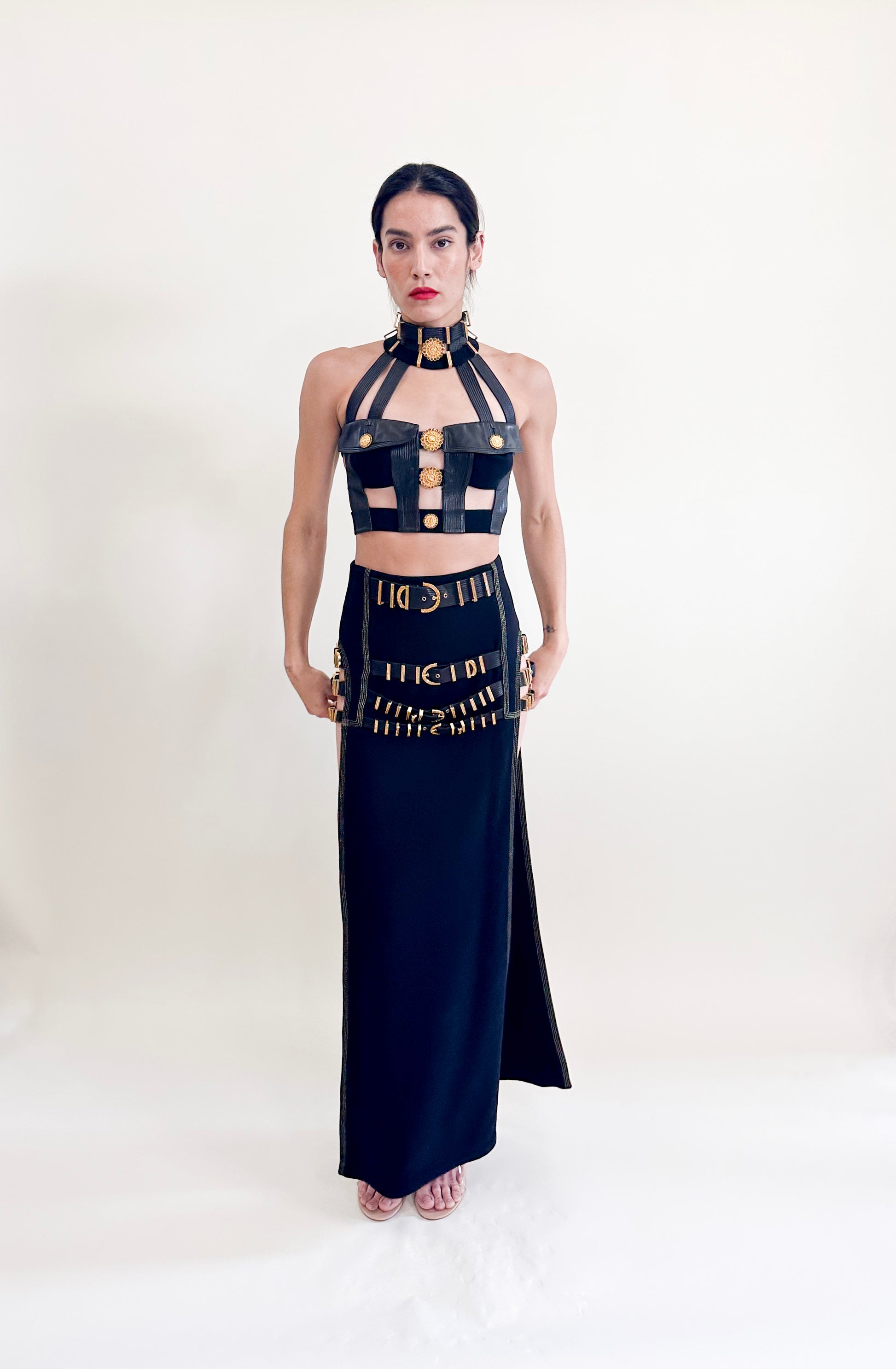 Gianni Versace F/W 1992 "Miss S&M" Black Leather with Gold Hardware Buckled Maxi Skirt and Top Full Set View