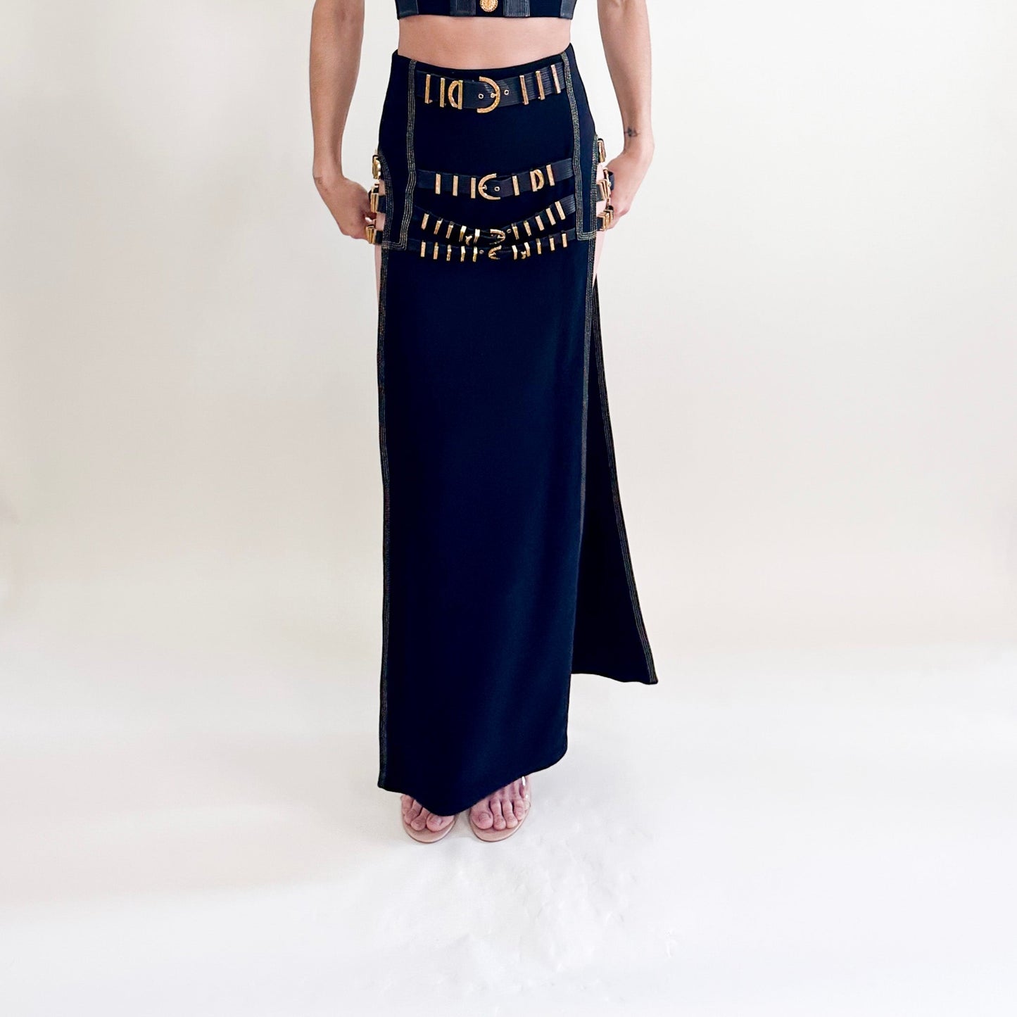 Gianni Versace F/W 1992 "Miss S&M" Black Leather with Gold Hardware Buckled Maxi Skirt Front Image