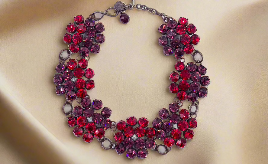 Yves Saint Laurent Rive Gauche Red & Purple Floral Cluster Necklace