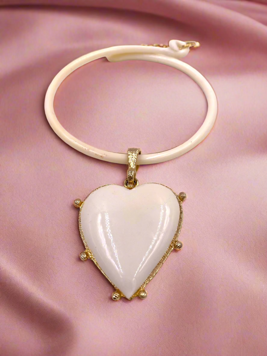 Vintage Enamel Cream Heart Pendant Choker Necklace with Gold Trim