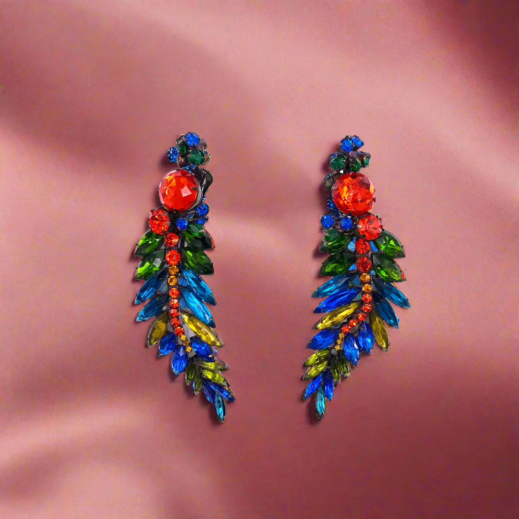 "The Show Must Go On" Large Two Piece Multicolor Leaf Clip with Post Added 5" Earring