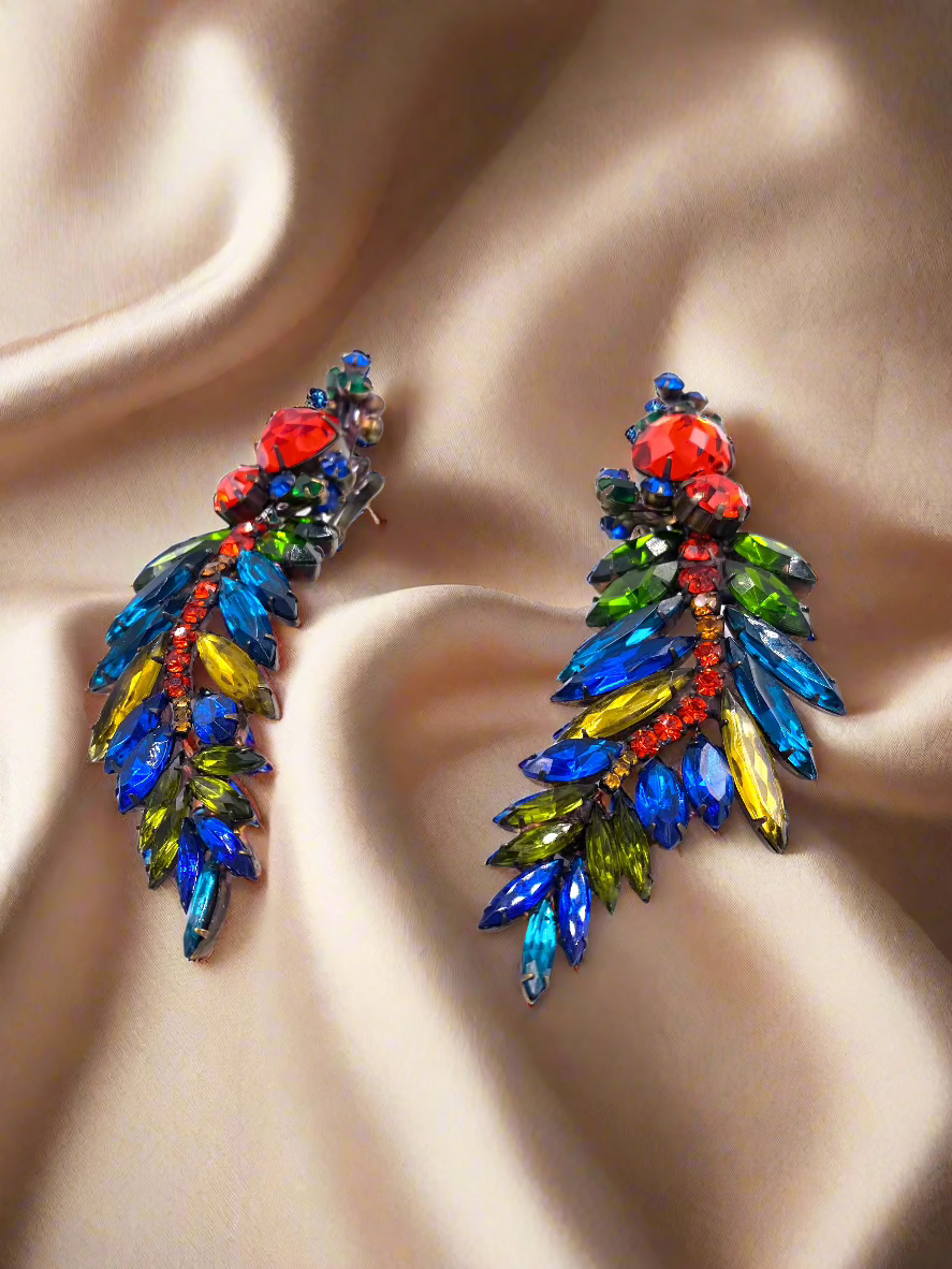 "The Show Must Go On" Large Two Piece Multicolor Leaf Clip with Post Added 5" Earring